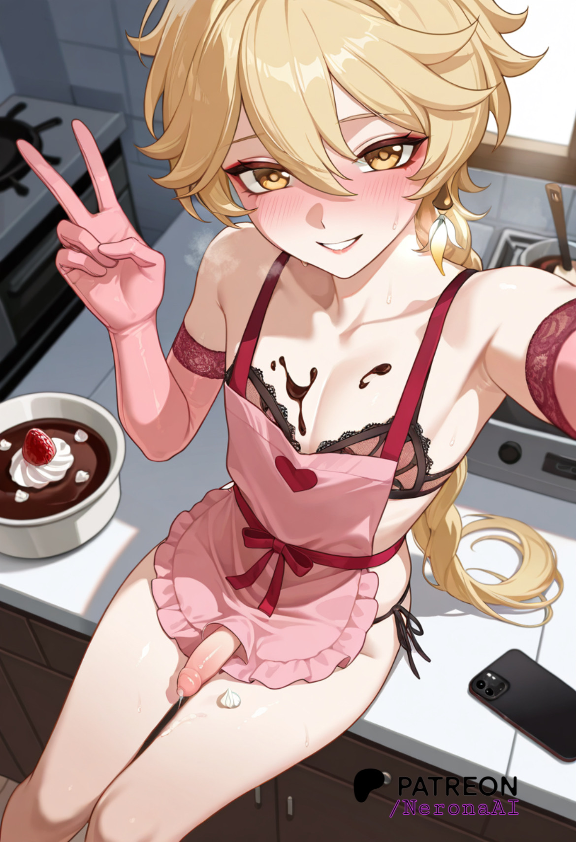 1boy, aether (genshin impact), ai, ai assisted, ai generated, blush, cooking, femboy, flaccid, food, genshin impact, light-skinned male, lingerie, makeup, male, male only, neronaai, peace sign, penis, precum, smile, solo, steam, sweet