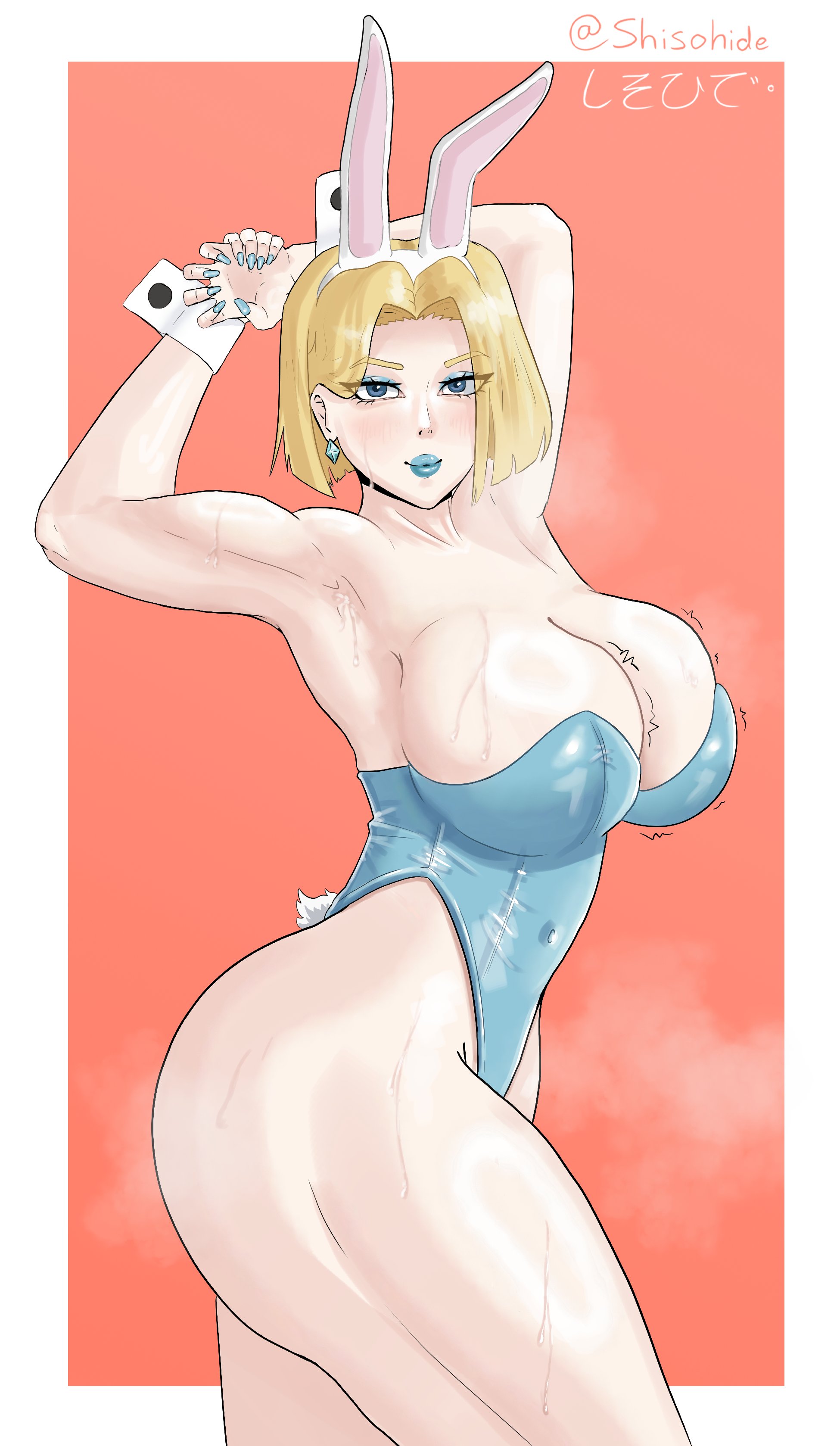 1girls, 2025, 2d, big breasts, blonde hair, blue eyes, blue lipstick, blue nail polish, bunny ears, bunnysuit, cuffs (clothing), earrings, emma frost, emma frost (marvel rivals), female, female only, hands behind head, light blush, looking at viewer, marvel, marvel comics, marvel rivals, shisohide, smiling, smiling at viewer, solo, thick ass, thick thighs, very high resolution, wrist cuffs, x-men