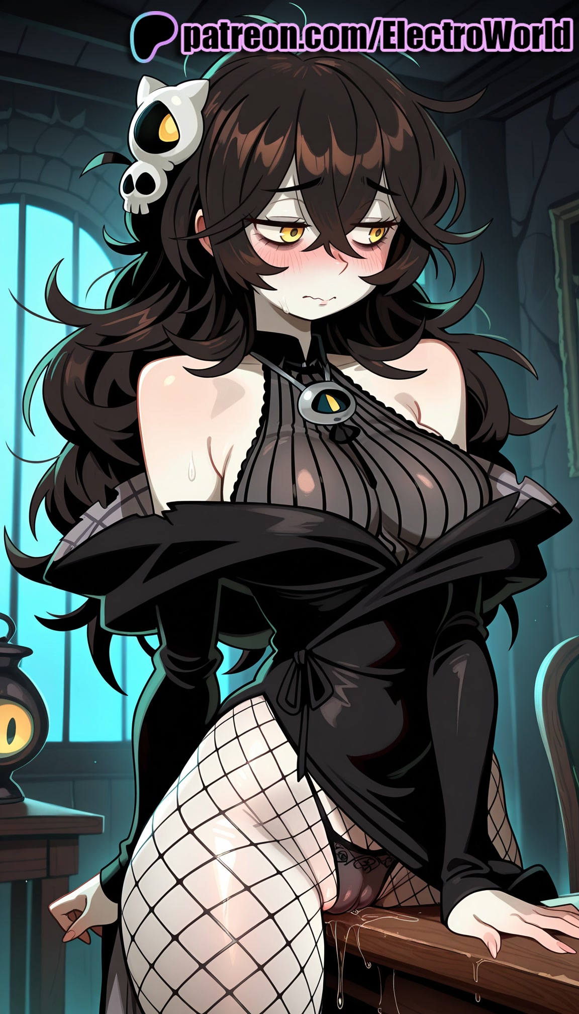 1girls, 2025, ai generated, artist name, bare shoulders, blush, chain-link fence, clothed masturbation, corner masturbation, crotch rub, electroworld, female, fence, fishnet legwear, fishnets, grimmi, grimmivt, hi res, high quality, high resolution, highres, humping, keyboard (computer), long hair, masturbation, masturbation through clothing, off shoulder, panties, pantyhose, patreon, patreon username, pussy, pussy juice, rubbing pussy, rubbing pussy through clothing, skull hair ornament, stable diffusion, table humping, virtual youtuber, watermark