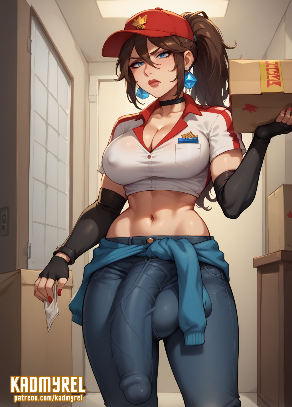 1futa, abs, ai generated, angry, angry expression, angry face, annoyed, annoyed expression, annoyed face, balls, balls bulge, baseball cap, big balls, big breasts, big penis, big testicles, blue eyes, breasts, brown hair, bulge, bulge down leg, bulge through clothing, cap, choker, cleavage, clothed, clothed futa, clothes, clothes around waist, crop top, earrings, elbow gloves, eye contact, futa only, futanari, gloves, huge balls, huge breasts, huge cock, huge testicles, intersex, jeans, kadmyrel, league of legends, looking at viewer, navel, nipple bulge, nipples, nipples visible through clothing, pants, penis, penis bulge, penis under clothes, penis vein, pizza box, pizza delivery, pizza delivery sivir, ponytail, shirt, sivir, sleeves, solo, solo focus, testicles, uniform, veiny penis, work uniform