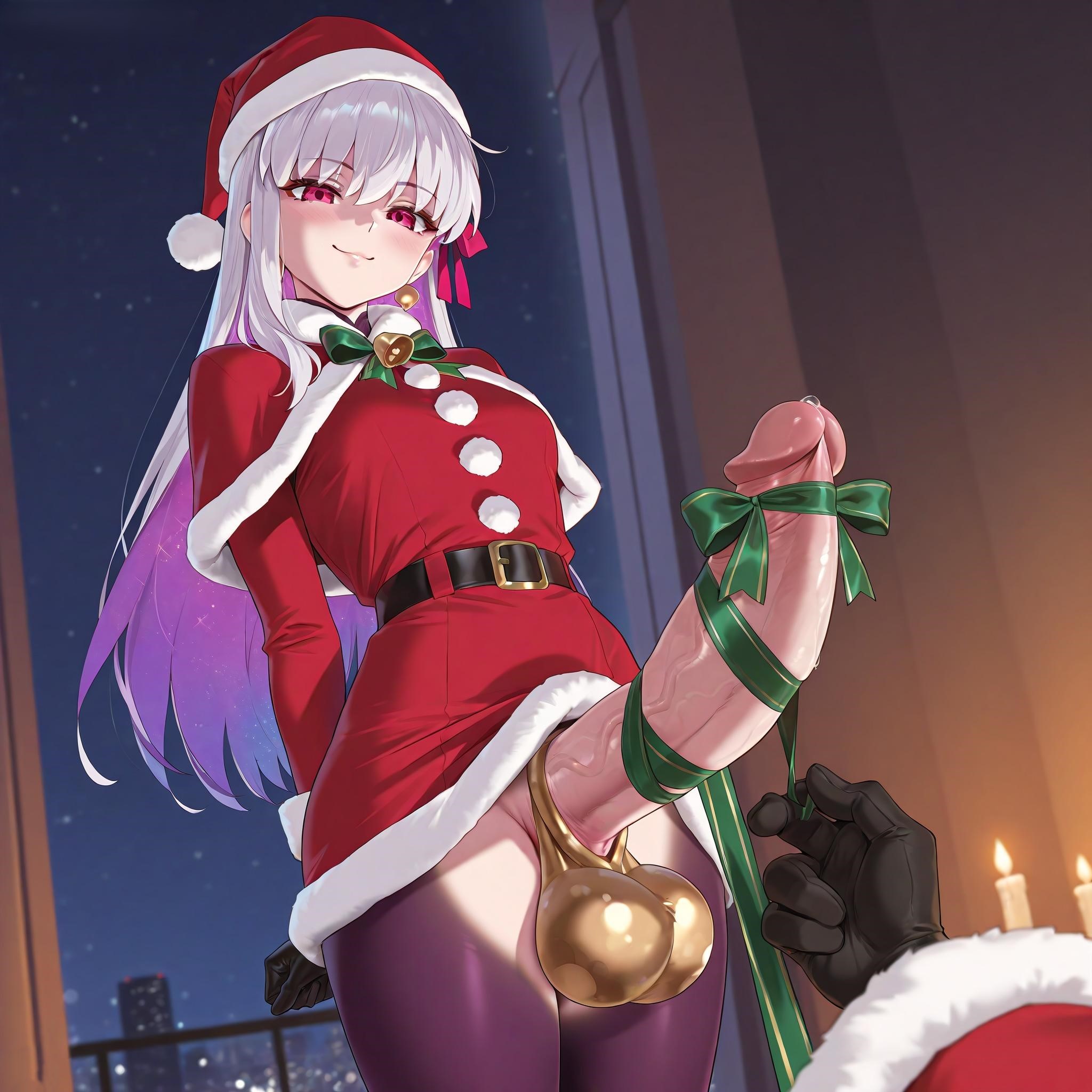 1futa, ai generated, balcony, balls, bedroom, breasts, candle, christmas, christmas outfit, cock, earrings, fate (series), fate/grand order, futa only, futanari, gloves, huge cock, intersex, kama (fate), kama (fate/grand order), light-skinned futa, nameless gooner, night sky, offscreen character, penis, red eyes, ribbon, santa costume, santa hat, self upload, smile, solo, standing, veiny penis, white hair