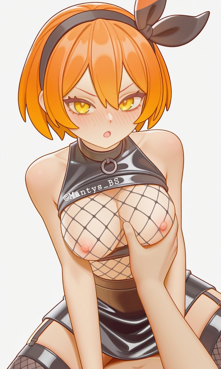 ai generated, bea (brawl stars), blushing, brawl stars, breasts, collar, female, fishnets, latex skirt, orange hair