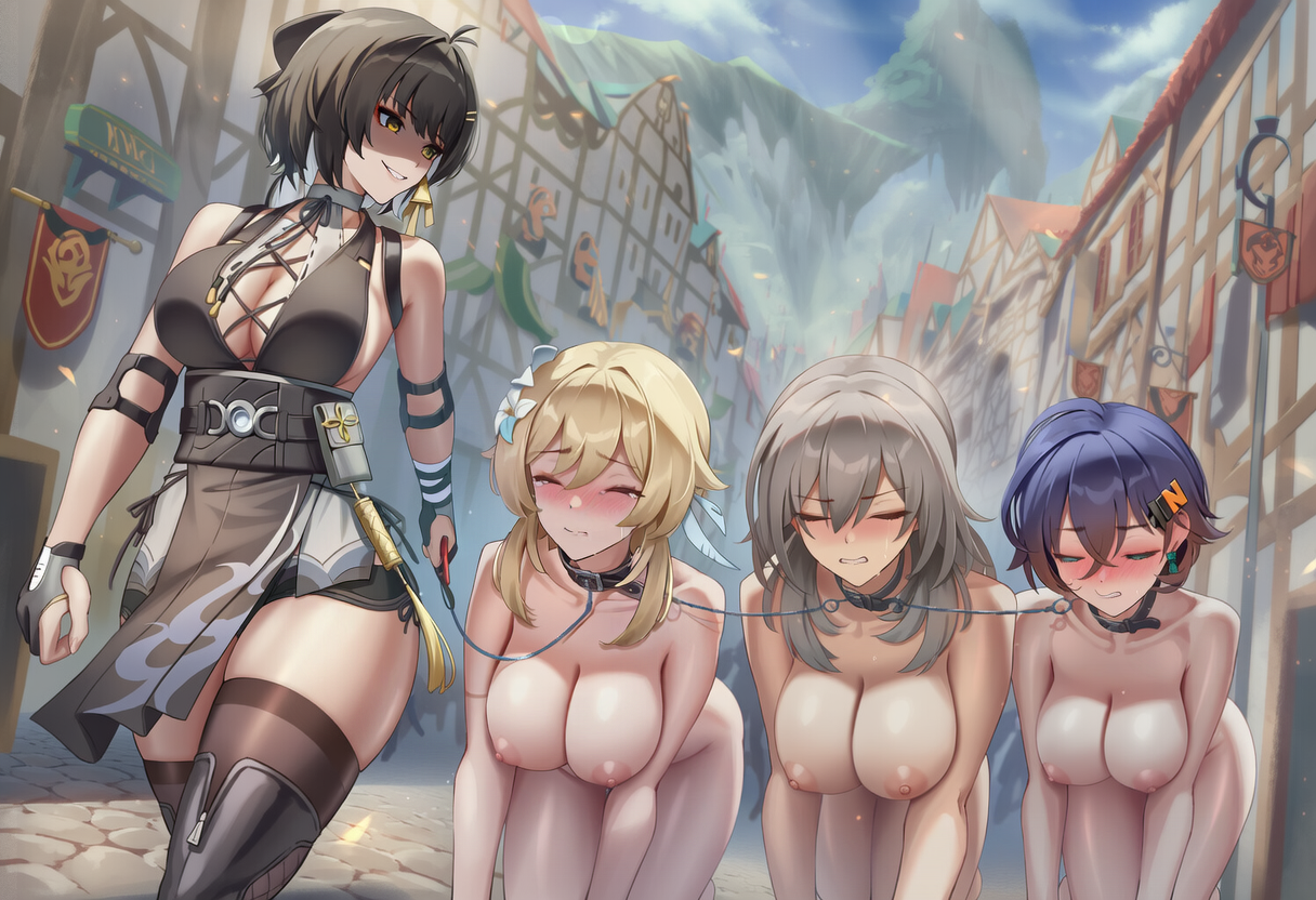 4girls, ai generated, all fours, belle (zenless zone zero), big breasts, blush, bondage, captured, clenched teeth, closed eyes, collar, completely nude, confident, crawling, crossover, embarrassed, embarrassed nude female, enf, evil smile, extreme exposure humiliation, female dominating female, female rover (wuthering waves), femdom, femsub, full-face blush, genshin impact, harem, holding leash, honkai: star rail, hoyoverse, humiliation, large breasts, leash, linked collar, lumine (genshin impact), medium breasts, mihoyo, multiple girls, multiple subs, multiple subs one dom, nipples, nokani, public, public exposure, public humiliation, public indecency, public nudity, resigned, rover (wuthering waves), self upload, sex slave, shaded face, side by side, side-by-side, slave, stelle (honkai: star rail), submissive female, tearing up, thick thighs, turning head, upset, walking, wide hips, worried, wuthering waves, yuri, zenless zone zero
