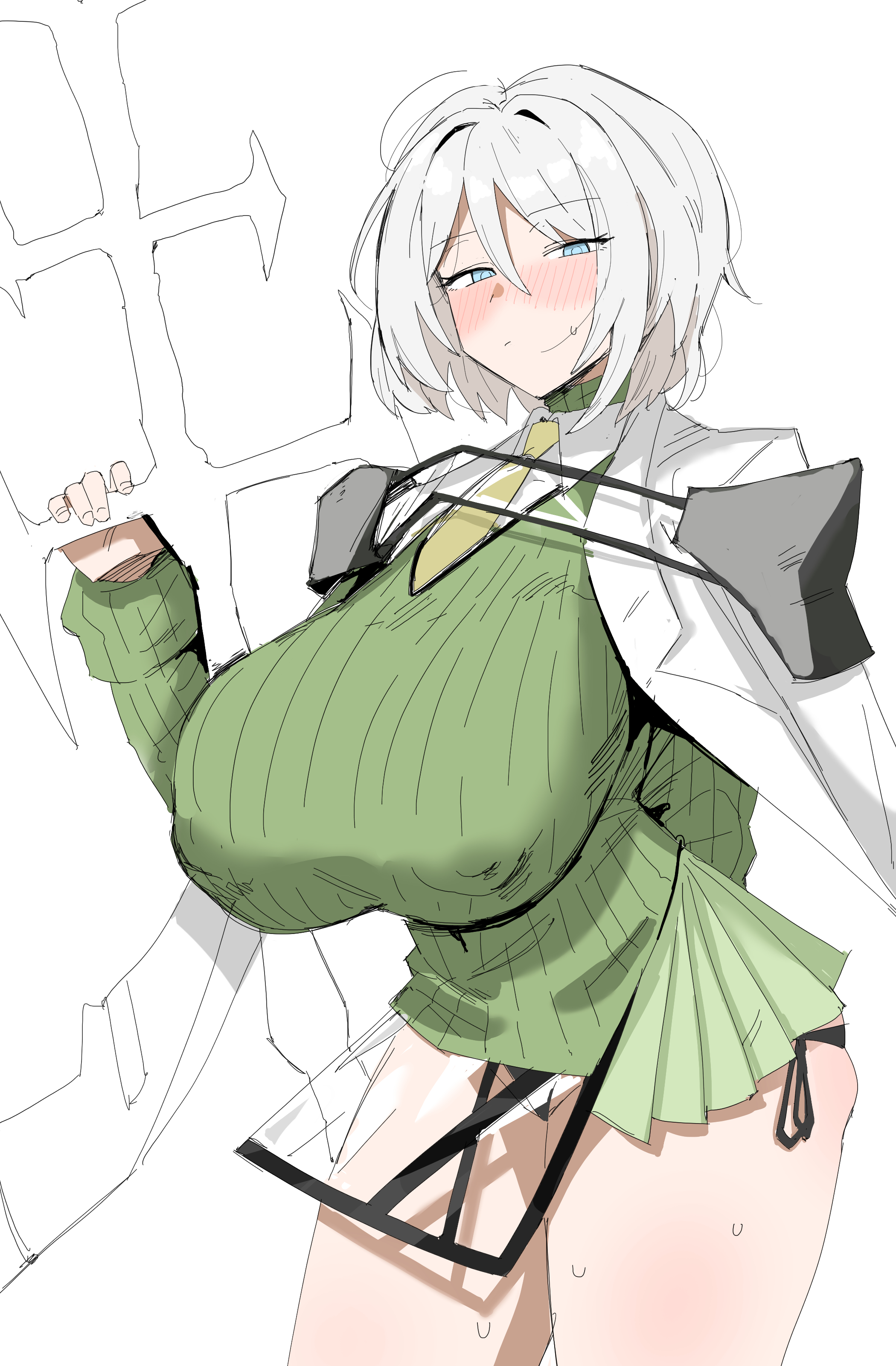 1girls, arknights, blue eyes, blush, e.g.o (project moon), faust (limbus company), female, female only, holding object, kal'tsit (arknights), light skin, light-skinned female, limbus company, looking at viewer, nipple bulge, panties, project moon, short hair, side-tie panties, solo, sweater, thick thighs, white hair
