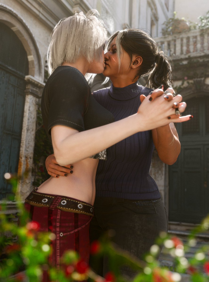 2024, 2girls, 3d, 3d (artwork), 3d render, black hair, black nails, brown body, brown-skinned female, closed eyes, clothed, clothed female, couple, dbd, dead by daylight, female, haddie kaur, holding hands, hugging, hugging from behind, hugging partner, kissing, light skin, light-skinned female, nail polish, nails, only female, ponytail, red nails, romantic, romantic couple, sable ward, scars, scars on arm, scars on face, t-shirt, two-tone hair, vexonair, white hair, yuri
