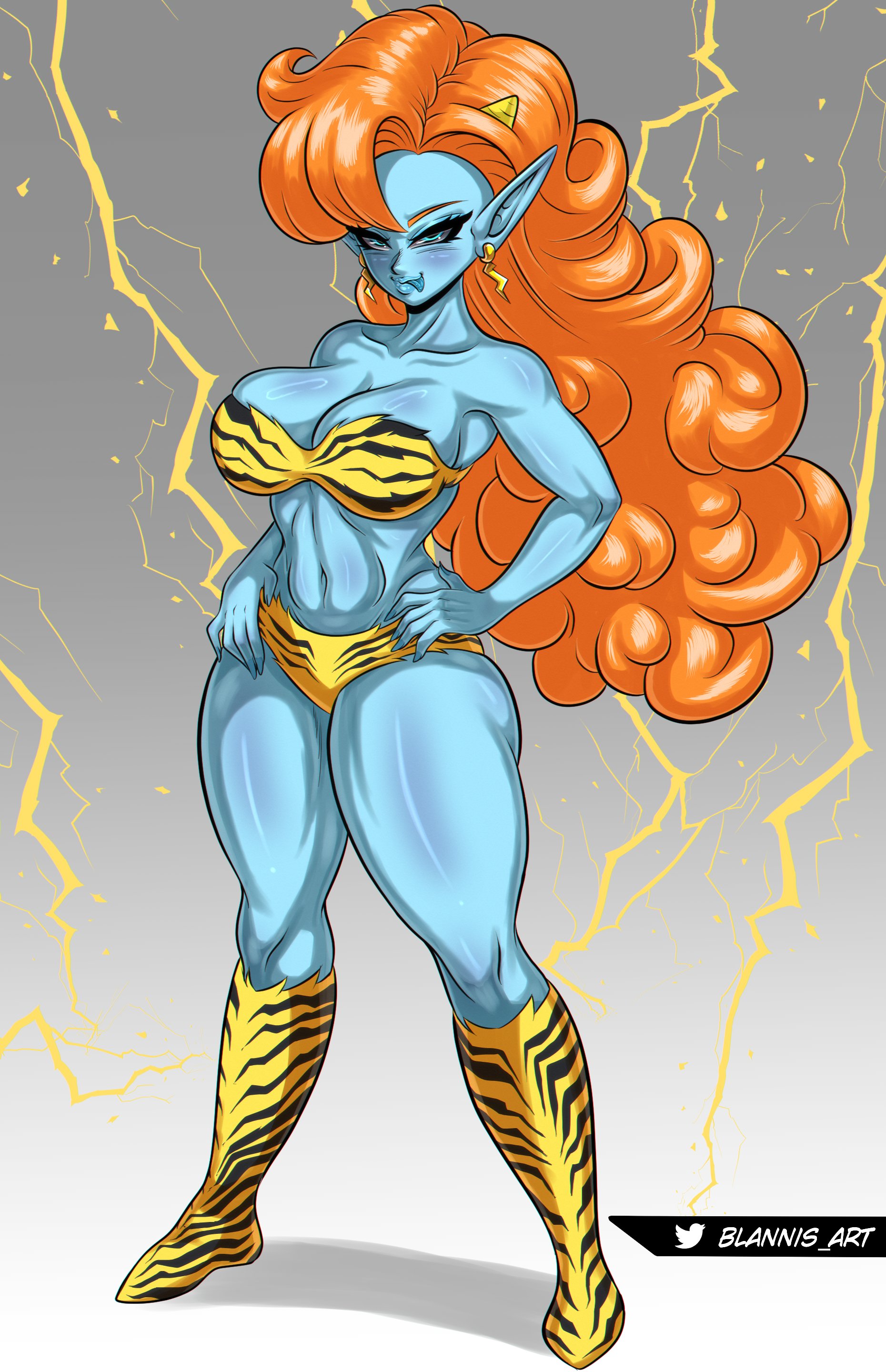 1girls, ass, big breasts, blannis art, blue eyes, blue nails, blue skin, blue tongue, breasts, cleavage, cosplay, dragon ball, dragon ball z, ear piercing, electricity, female, female only, hand on hip, huge breasts, large breasts, lum (cosplay), orange hair, race of hera, smile, thick thighs, tongue, tongue out, urusei yatsura, zangya