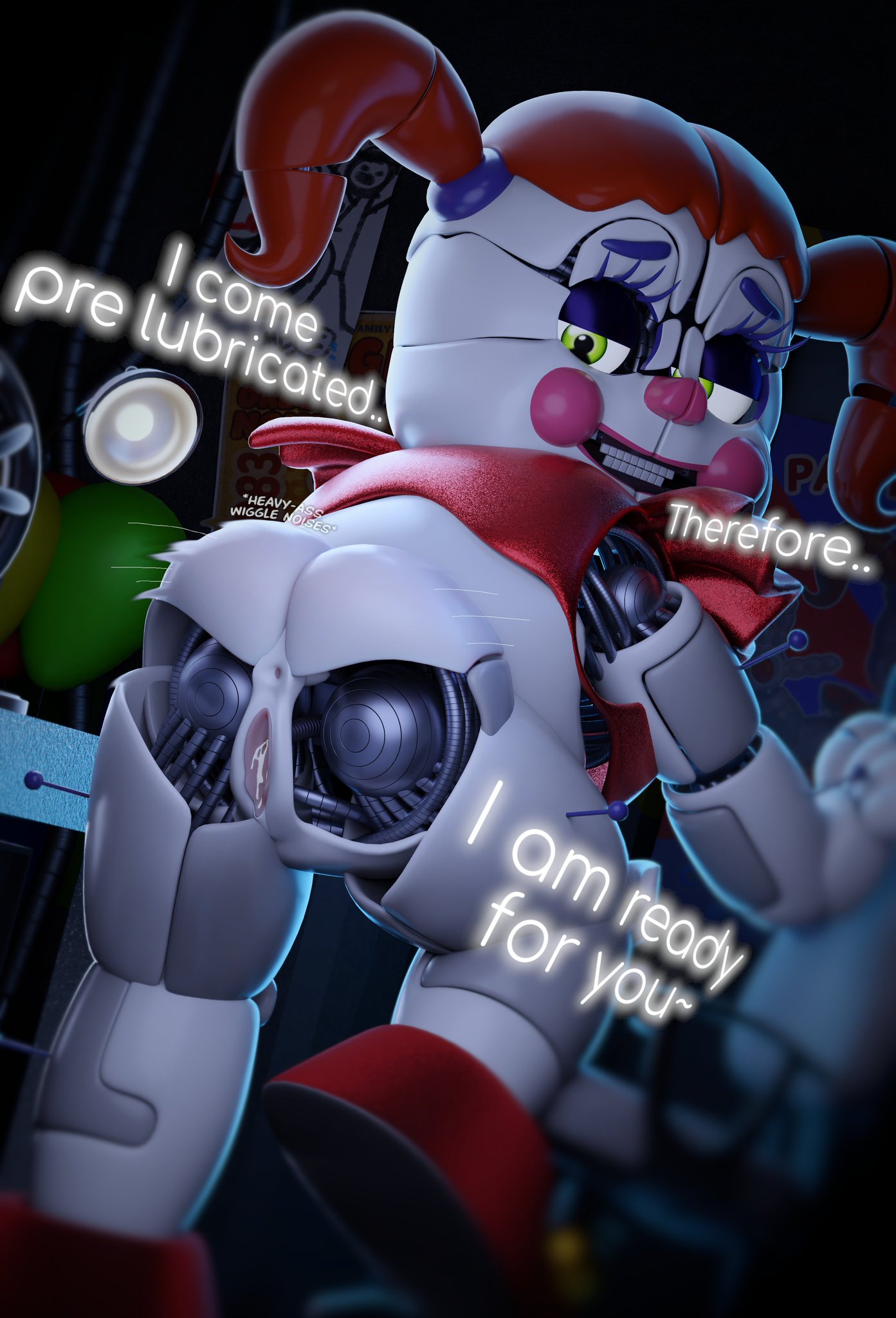 1girls, 3d, 3d (artwork), bent over, bottomless, circus baby (fnaf), circus baby (original), exposed endoskeleton, female, five nights at freddy's, five nights at freddy's: sister location, fnaf, full color, ginger hair, green eyes, horny female, jordevoir, solo, solo female, text, white body, wiggling ass