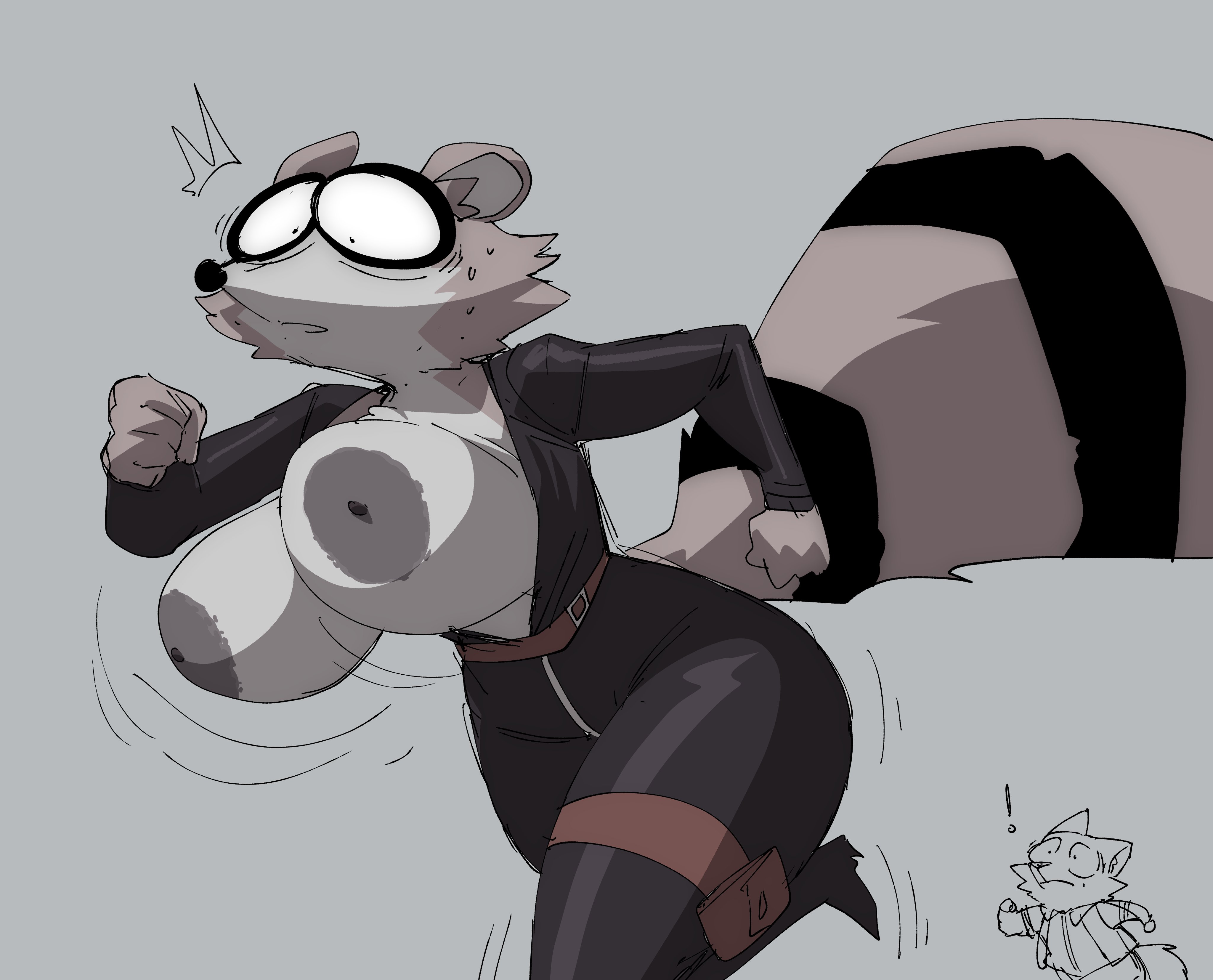 2d, 2d (artwork), 2d artwork, black outfit, breasts, coolerinker, female, first porn of character, furry, furry female, furry only, huge breasts, inconvenient breasts, inker comics, inkershike, raccoon, running, running away, shocked, shocked expression, shocked eyes, thief, tits bouncing, tits out, uva the raccoon