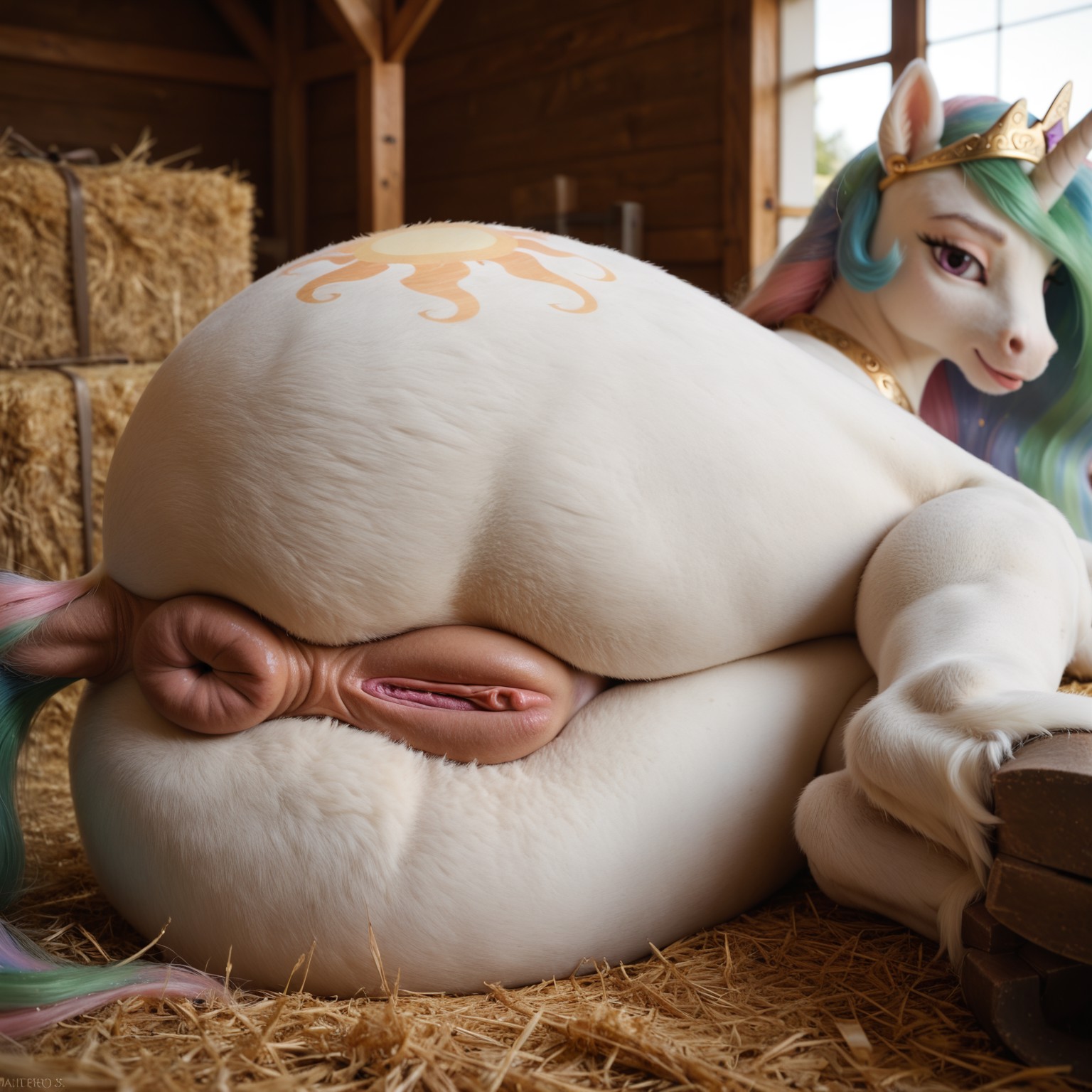 3d, ai generated, anthro, anthro only, anus, ass, butt focus, darksorceress, equine, equine anus, equine genitalia, equine pussy, female, feral, feral only, fur, furry, hasbro, horse, horse girl, large ass, looking at viewer, my little pony, ponut, princess celestia (mlp), pussy, realistic, vagina