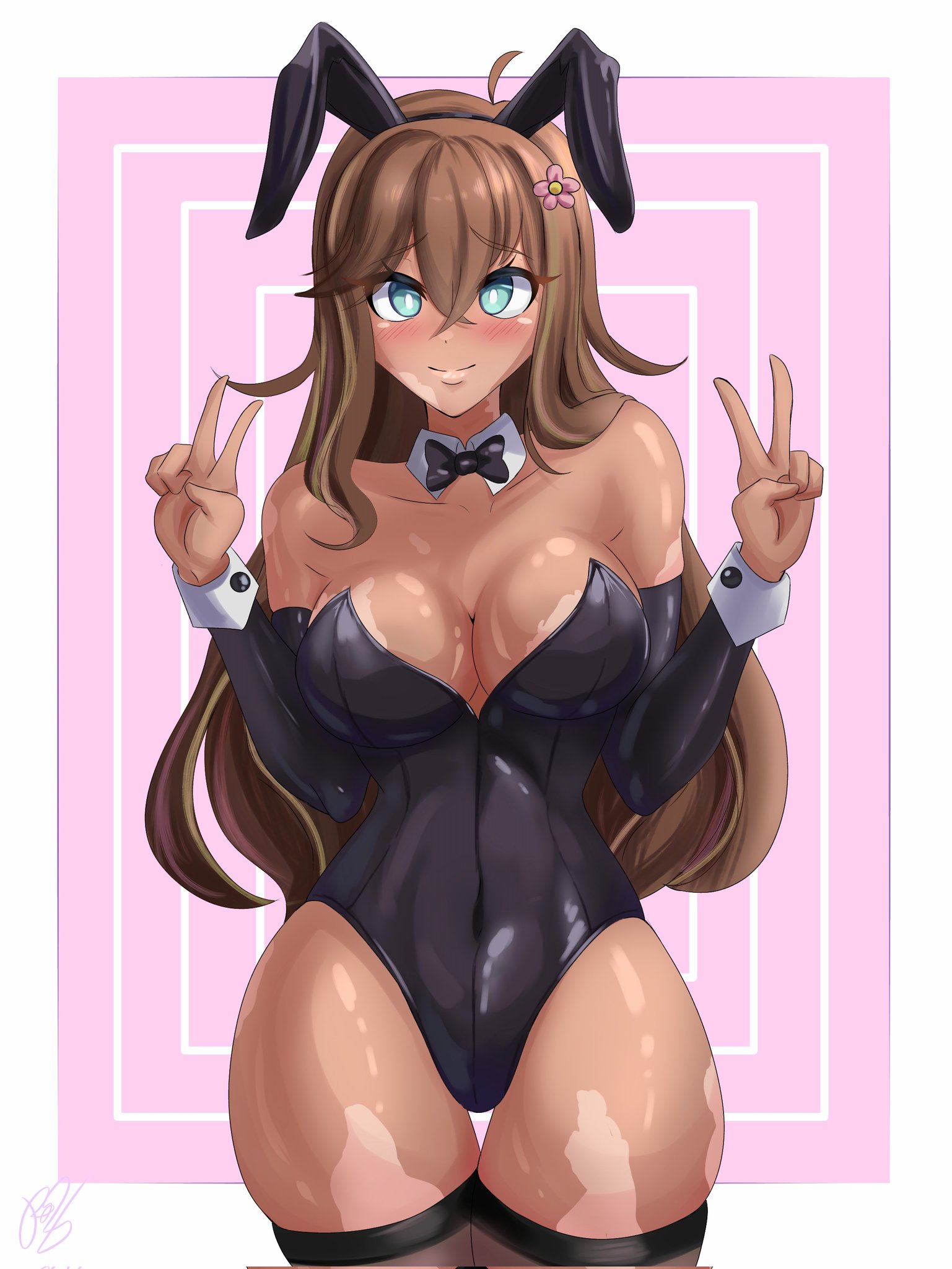 1girls, 25lagh, boobs, breasts, bunny ears, bunnysuit, elbow gloves, female, flower in hair, leotard, playboy bunny, stockings, tagme, tortieza, vitiligo