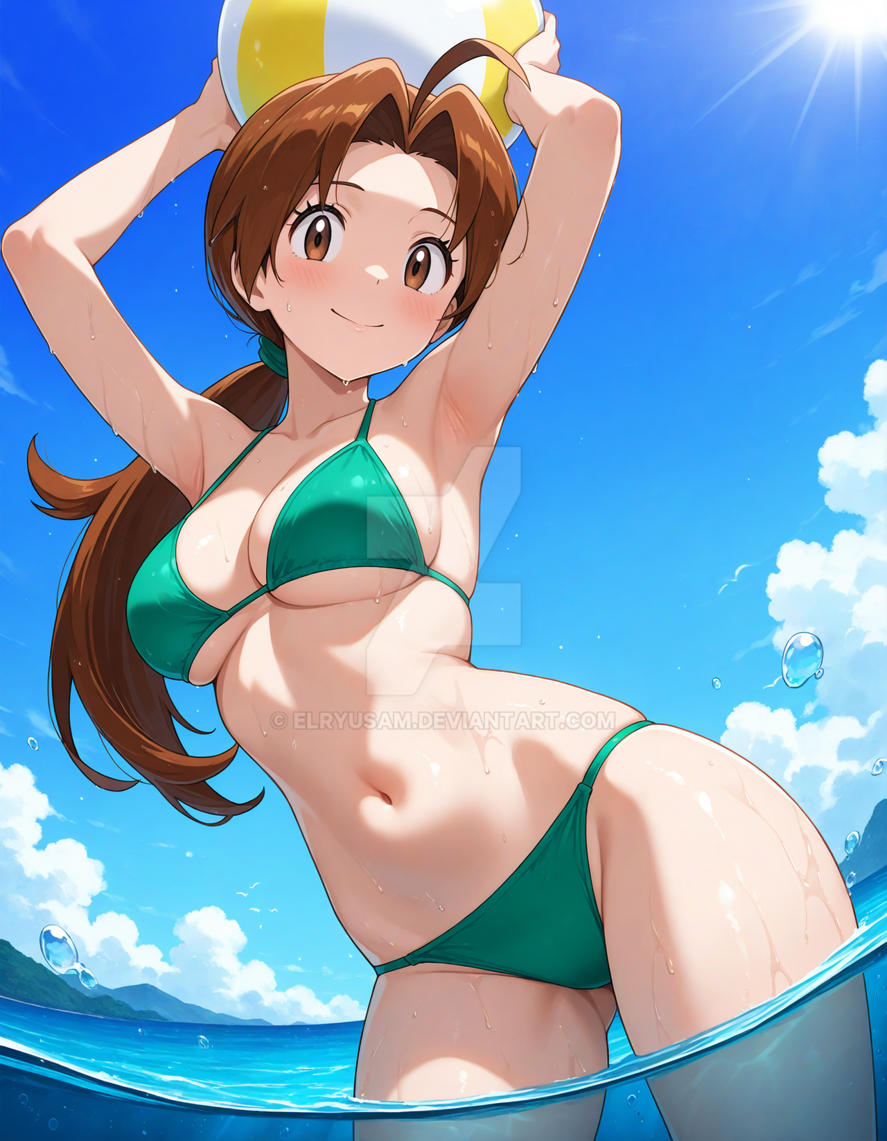 2025, 4kids entertainment, ai generated, anime, beach background, beach ball, delia ketchum (pokemon), deviantart, elryusam, female, female only, green bikini, holding ball, looking down at viewer, nintendo, pokemon, sea background, smile at viewer, smiling at viewer, wet body