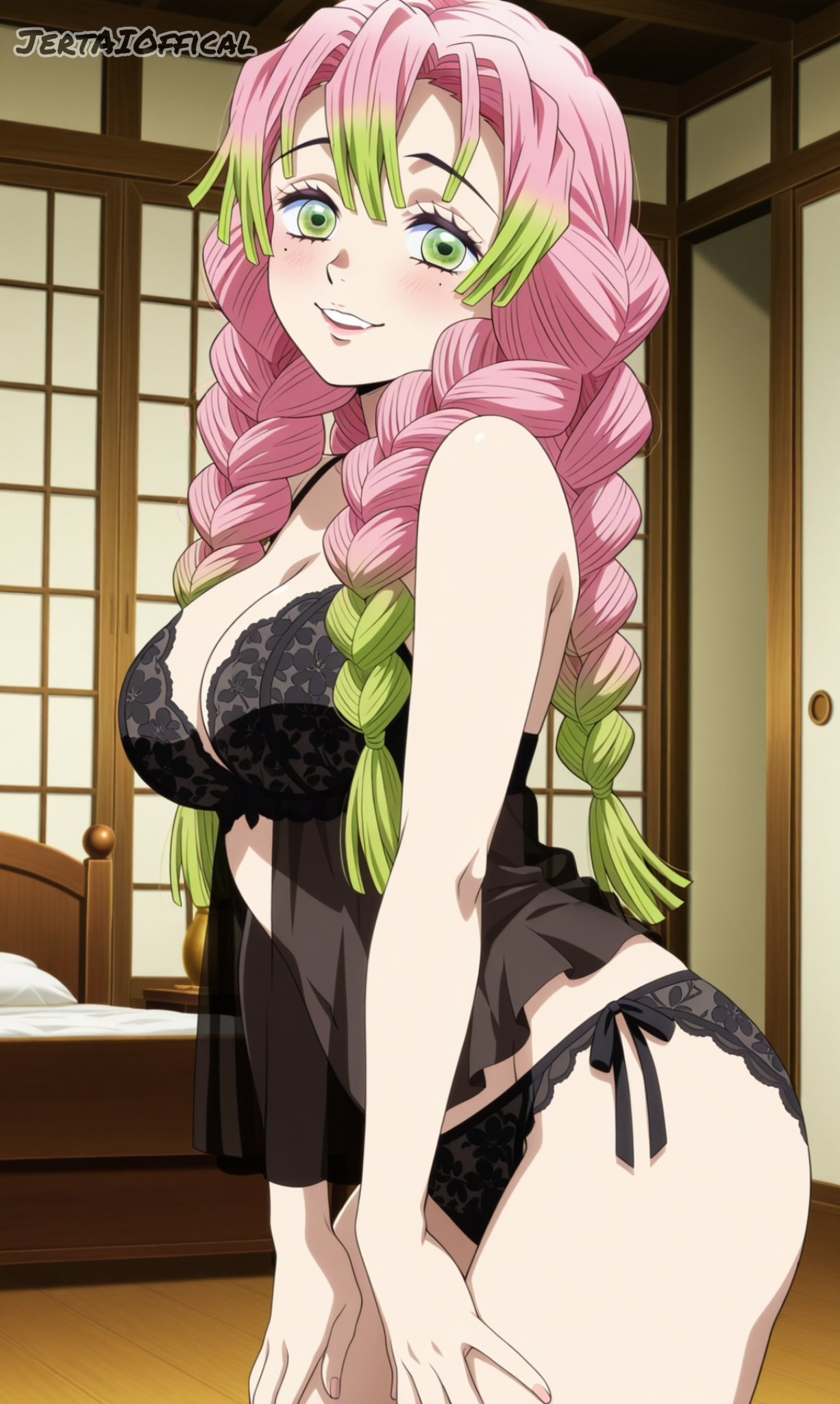 ai generated, black panties, breasts, demon slayer, female, female only, garter belt, garter strap, kanroji mitsuri, kimetsu no yaiba, large breasts, lingerie, mitsuri kanroji, smiling at viewer, thighhighs