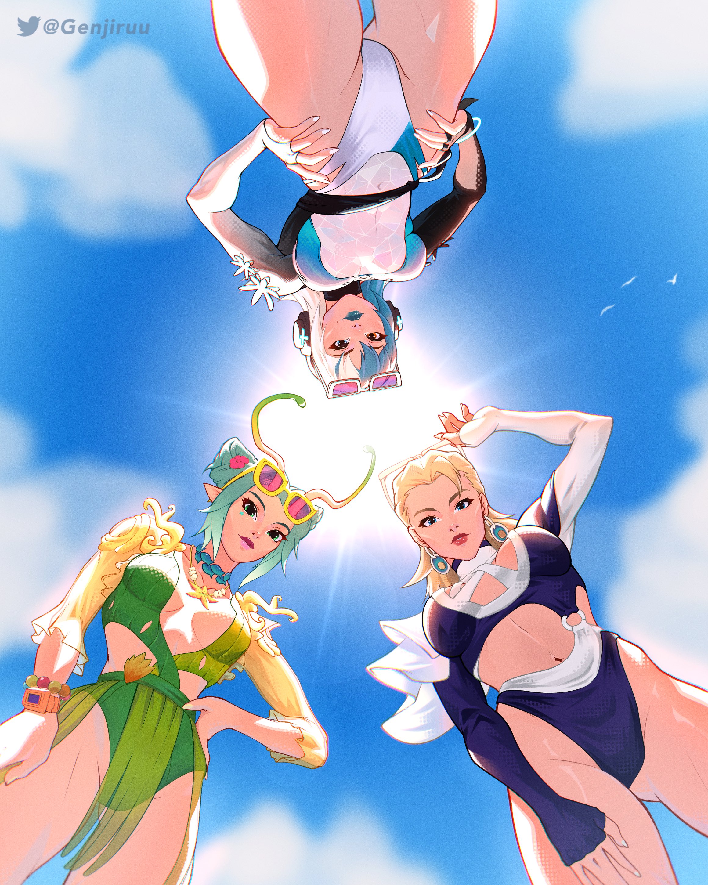 blonde female, blonde hair, blue eyes, blue swimsuit, breasts, exposed breasts, fantastic four, female, genjiruu, green eyes, green hair, green swimsuit, guardians of the galaxy, invisible woman, invisible woman (azure shade), invisible woman (marvel rivals), legs, long hair, looking down at viewer, luna snow, luna snow (cool summer), luna snow (marvel rivals), mantis (marvel rivals), mantis (marvel), mantis (oceanic harmony), marvel, marvel comics, marvel rivals, multicolored hair, multiple females, multiple girls, sue richards, sue storm, sunglasses, sunglasses on head, swimsuit