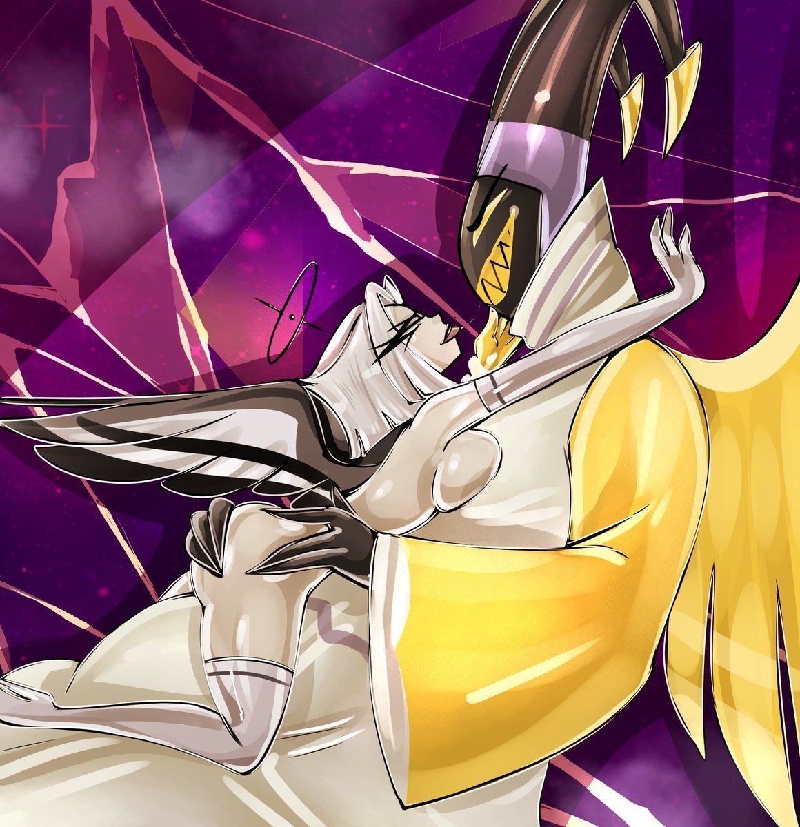 1boy, 1girls, 2angels, 69, adam (hazbin hotel), angel, angel girl, angel wings, ass, big ass, bitterbunz, black halo, boots, cmnf, cowgirl position, elbow gloves, female, gloves, guitarspear, hand on ass, hazbin hotel, lute (hazbin hotel), male, male/female, metal arm, short hair, straight, thigh boots, thigh highs, thighhighs, tongue, tongue out, twitter, vivziepop, x, yellow halo