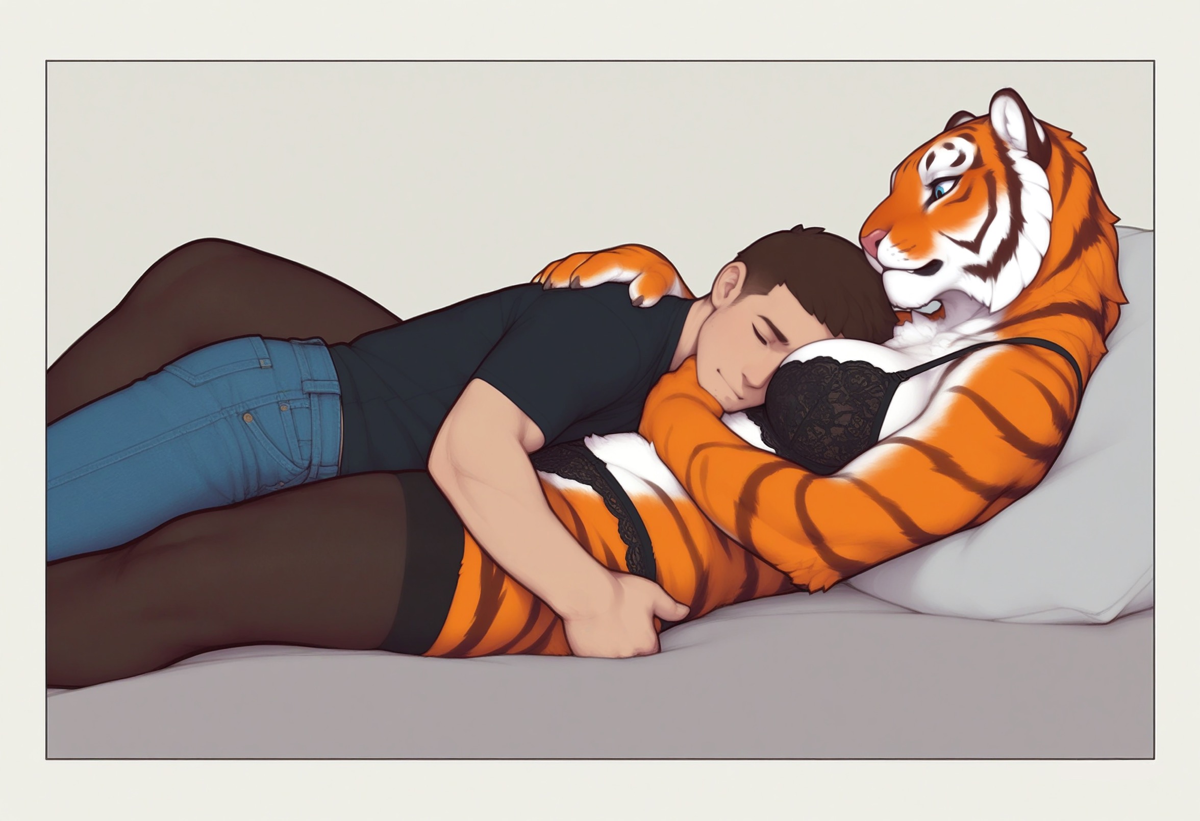 ai generated, anthro, bed, black body, black clothing, black fur, border, bottomwear, breasts, brown hair, clothed, clothed male, clothing, cuddling, denim, denim clothing, duo, eyes closed, felid, female, fur, furniture, furry, hair, hand on back, hand on hip, head between breasts, hi res, human, human on anthro, incest, interspecies, jeans, lace bra, lace panties, larger female, legwear, lying, male, male/female, mammal, milf, mommy, mostly nude female, mother, mother and son, on back, orange body, orange fur, pale skin, pantherine, pants, parent, parent and child, partially clothed, pillow, pink nose, shirt, simple background, size difference, smile, son, stockings, striped body, stripes, tiger, topwear, white body, white fur, zaddha