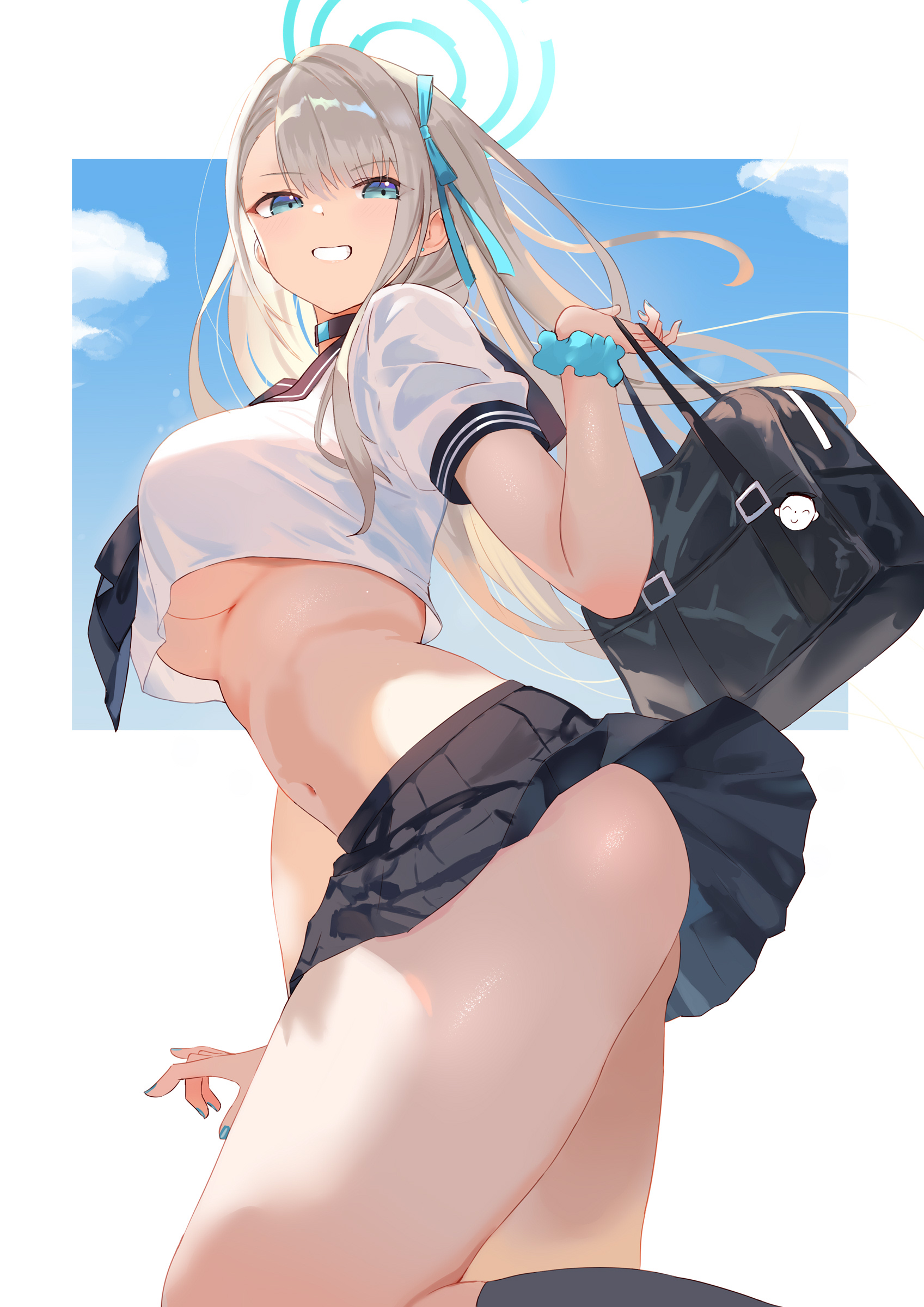 absurdres, alternate costume, arched back, ass, asuna (blue archive), bag, black choker, black skirt, blue archive, blue eyes, blue nails, blue skirt, blue sky, blush, bow, breasts, choker, clenched teeth, cloud, crop top, crop top overhang, day, doodle sensei (blue archive), dot nose, female, from below, grin, halo, highres, large breasts, long hair, looking at viewer, looking down, midriff, miniskirt, navel, no bra, no panties, open mouth, outdoors, pleated skirt, revealing clothes, ribbon, rorokaede, sailor collar, school bag, school uniform, sensei (blue archive), serafuku, shirt, short sleeves, simple background, skirt, skirt flip, sky, smile, solo, stomach, teeth, thick thighs, thighs, underboob, very long hair, wavy eyes, white background, white shirt