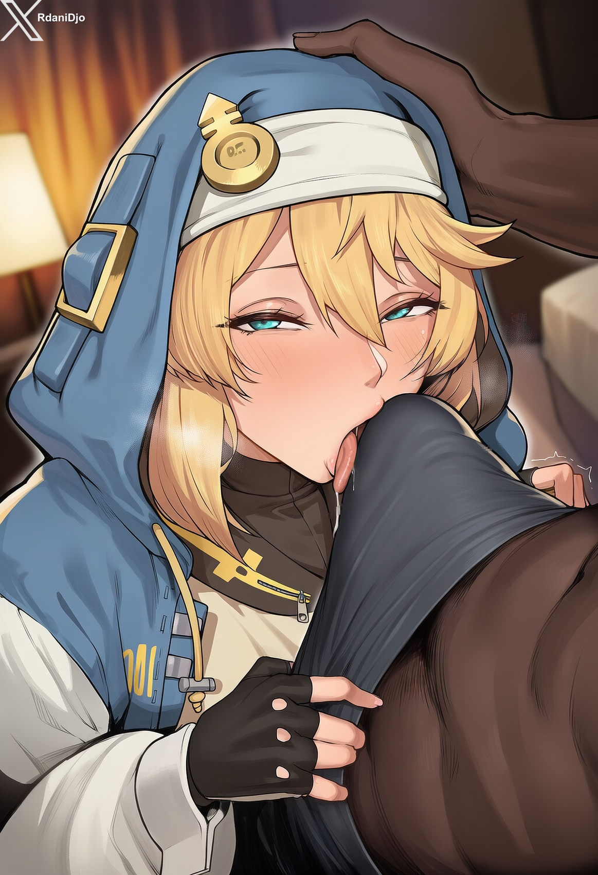 2boys, ai generated, blonde hair, blue eyes, blurry, blurry background, blush, bridget, bulge lick, dark skin, dark-skinned male, depth of field, fellatio, femboy, fingerless gloves, gloves, guilty gear, guilty gear strive, indoors, interracial, licking bulge, licking penis, looking at viewer, male, male only, male pubic hair, minority, oral, penis, pubic hair, solo focus, tagme
