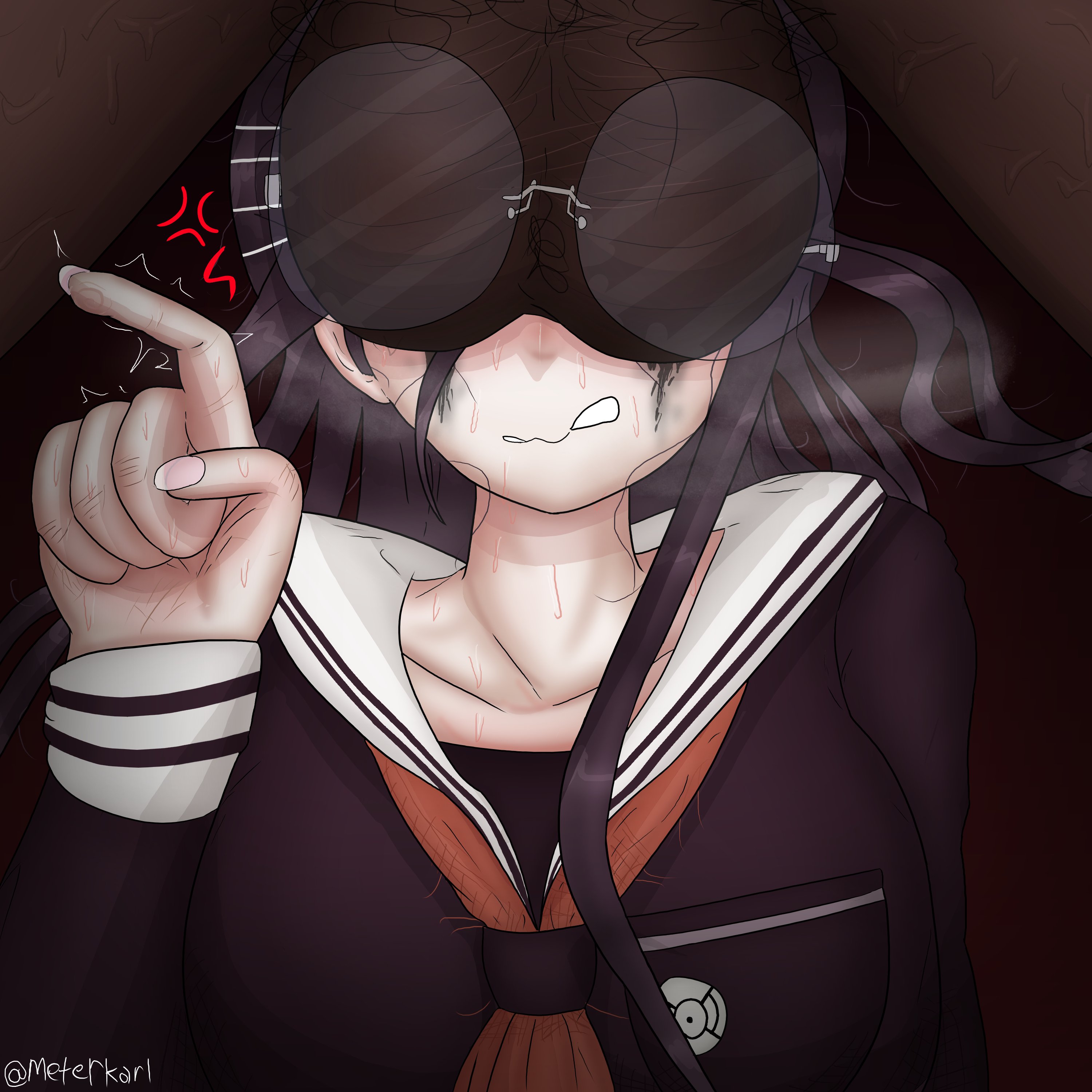 1boy, 1girls, angry, balls, balls on face, danganronpa, danganronpa ultra despair girls, danganronpa: trigger happy havoc, dark skin, dark-skinned male, female, fukawa touko, glasses, karlometer, long hair, makeup running, male, messy hair, pale skin, pale skinned female, penis, penis on face, purple hair, sweat, tagme, these aren't my glasses