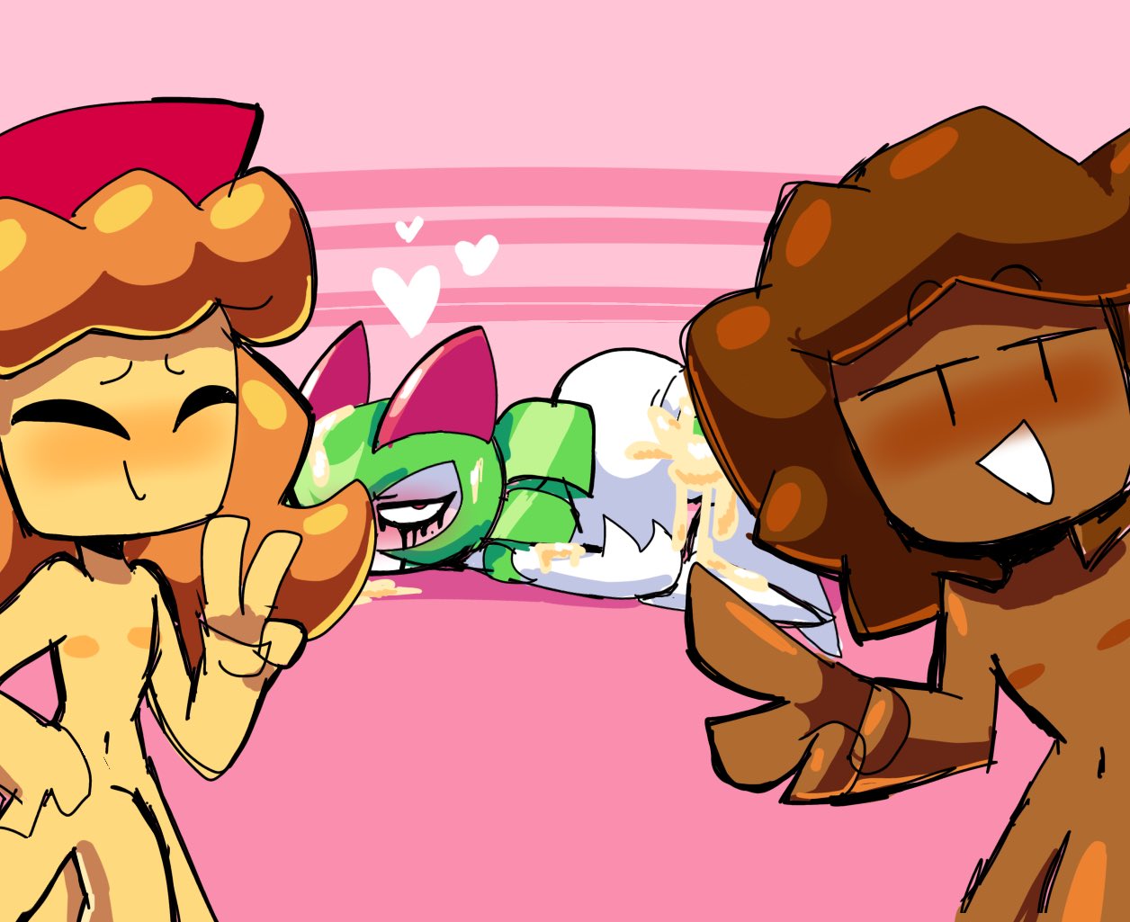 1girls, 2025, 2boys, 2d, after sex, art trade, bitwily, blush, brigadeiro (bitwily), cum, cum inside, cumflation, excessive cum, female, femboy, femboy on female, femboydom, happy sex, huge cock, hung trap, hyper penis, kirlia, male, massive penis, mendo (bitwily), peace sign, penis, pokemon, runny makeup, shortstack, small but hung, smile, tomfooleryarts