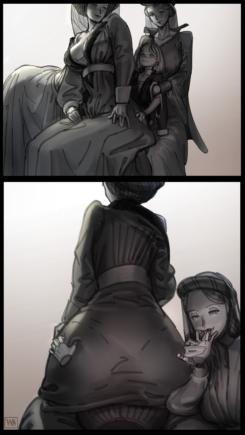 1boy, 2 panel comic, 2d, 3girls, 3girls1boy, age difference, ass, ass focus, ass grab, ass grabbed, ass grabbing, bending, bending down, bending forward, bending over, bending over position, bent forward, bent over, biting, biting finger, booty, booty focus, booty grab, breasts, butt focus, butt grab, butt grope, clothed, clothed ass, clothed female, clothed male, comic, comic panel, comic strip, dress, female, finger sucking, fingers in mouth, grabbing, grabbing another's ass, grabbing ass, grabbing from behind, grinding, grinding through clothes, hand on ass, hand on butt, holding, holding ass, holding butt, holding hand, holding person, holding shoulders, huge ass, lap dance, larger female, male, mature, mature body, mature female, medieval, medieval clothing, monochrome, multiple girls, no sex, older female, older female and younger male, original, original art, original artwork, original character, original characters, panels, point of view, pov, pov ass, pov butt, pov hand, pov hands, pov male, russian clothes, seduction, seductive, seductive body, seductive expression, seductive eyes, seductive female, seductive gaze, seductive look, seductive mouth, seductive pose, seductive smile, sitting, sitting down, sitting on another, sitting on crotch, sitting on lap, sitting on person, size difference, smile, smiling at partner, smiling at viewer, straight, sucking fingers, tease, teasing, teasing viewer, teasing with butt, touching ass, two panel image, wassnonnam, wide hips