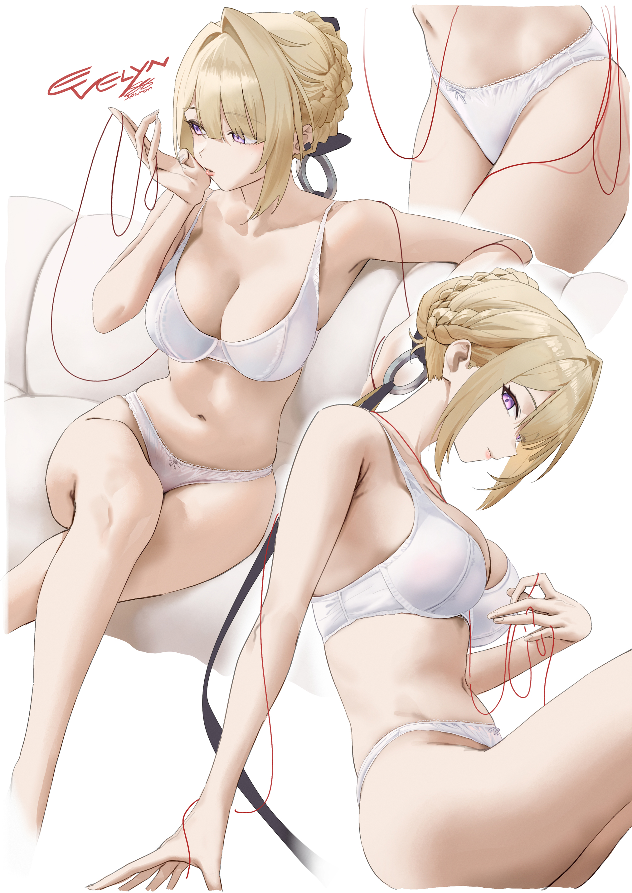 bare shoulders, blonde hair, bra, braid, breasts, cg, cleavage, collarbone, couch, crossed legs, evelyn chevalier, female, french braid, hair bun, hair intakes, hand on cheek, large breasts, looking at viewer, multiple views, navel, panties, purple eyes, salmon88, sidelocks, signature, simple background, sitting, stomach, string, string of fate, thighs, underwear, underwear only, white background, white bra, white panties, zenless zone zero