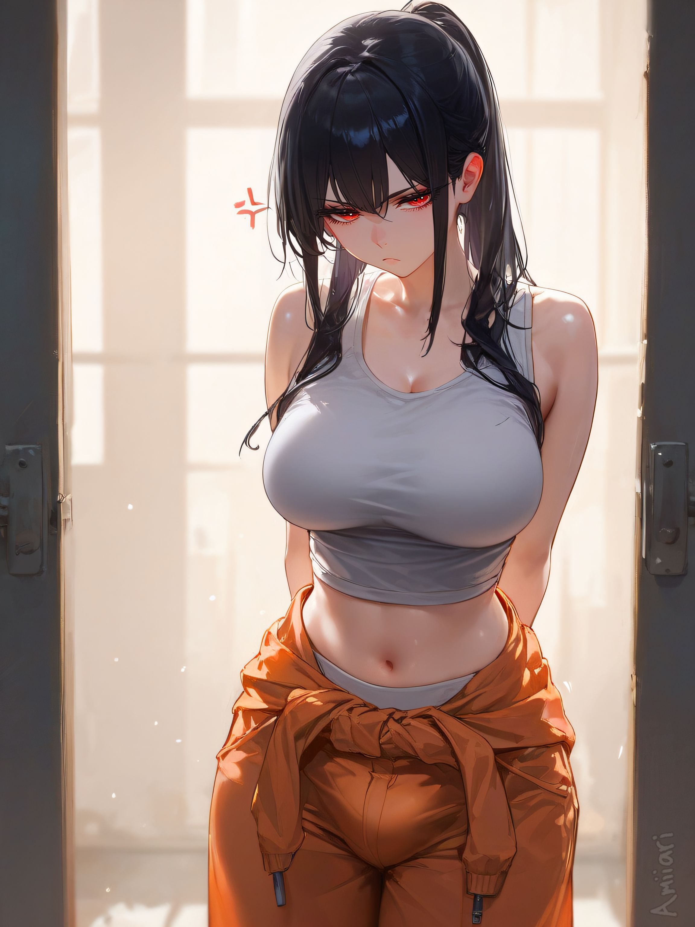 1futa, absurd res, ai generated, amiiari, annoyed, arms behind back, ass bigger than head, big breasts, black hair, breasts, bulge, bulge through clothing, detailed, dickgirl, erection under clothes, female, futanari, goth, goth futa, goth girl, gothic, grey pants, grey tank top, grey underwear, highres, hips, huge breasts, intersex, midriff, original character, penis, penis under clothes, prison, prison cell, prison uniform, prisoner, red eyes, ruby (amiiari), shirt around waist, skindentation, sweater around waist, tank top, tanktop, thick thighs, voluptuous, wide