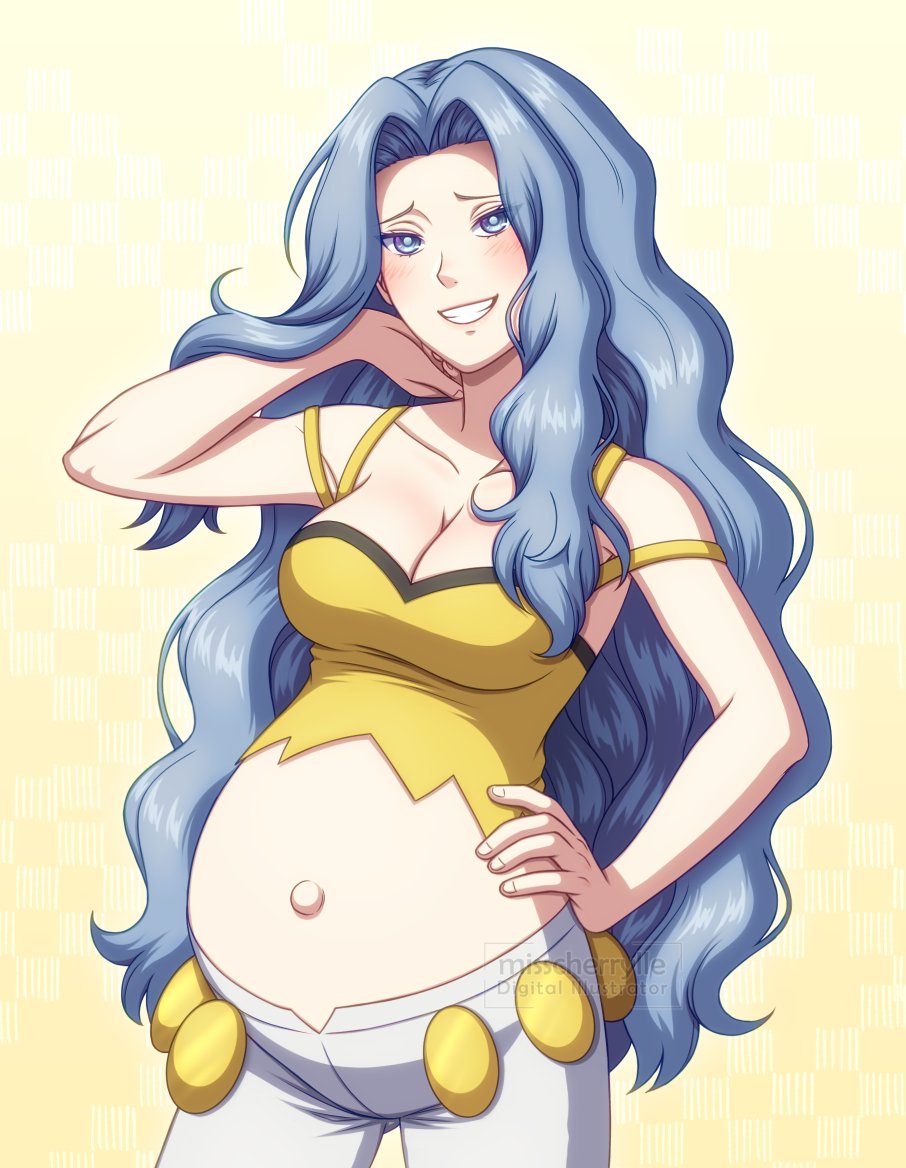 blue eyes, blue hair, crop top, elite four, enjoying pregnancy, female, karen (pokemon), looking at viewer, misscherrylle, pokemon, pokemon gsc, pregnant, pregnant belly, pregnant female, solo, solo focus