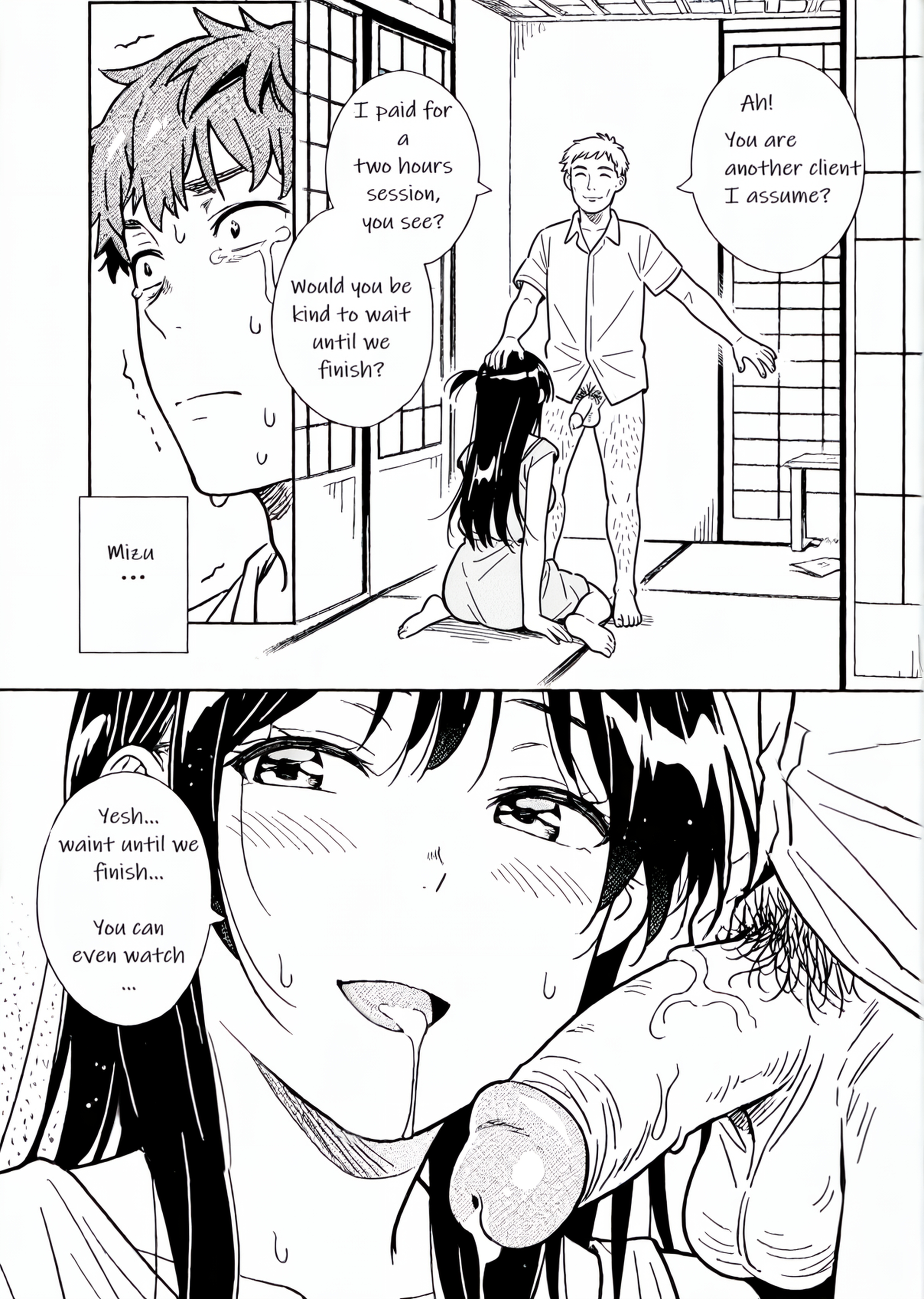 1boy, after fellatio, ai generated, balls, blush, bottomless, comic, crying, crying with eyes open, cum, cum in mouth, cum string, english text, fellatio, female, flaccid, greyscale, hand on another's head, kanojo okarishimasu, kinoshita kazuya, long hair, male, male pubic hair, mizuhara chizuru, monochrome, open mouth, oral, penis, pubic hair, sitting, sliding doors, smile, spasibo15, straight, sweat, tears, testicles, trembling, uncensored, wariza