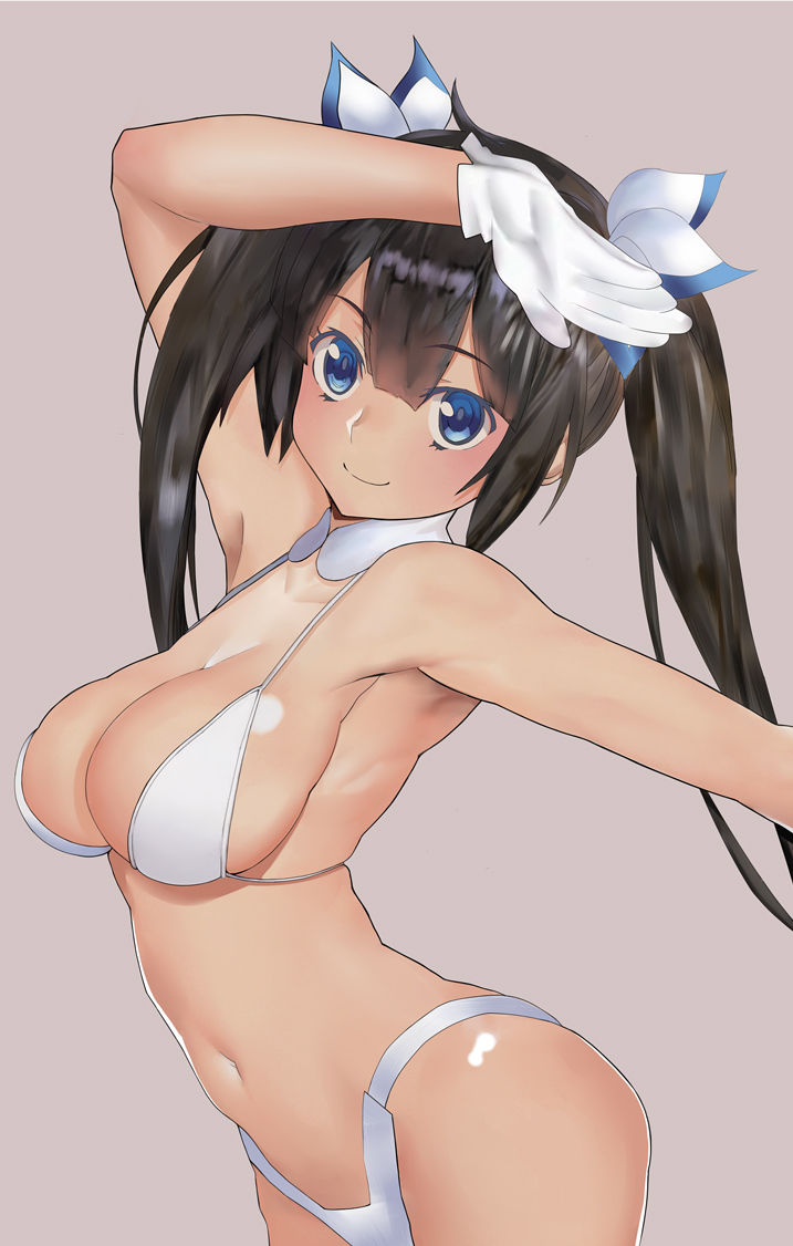 arm up, bikini, black hair, blue eyes, blue ribbon, blush, breasts, cleavage, dungeon ni deai wo motomeru no wa machigatteiru darou ka, female, gloves, grey background, hair ornament, hestia (danmachi), large breasts, long hair, mp0159, navel, outstretched arm, ribbon, simple background, smile, solo, swimsuit, tied hair, twintails, white bikini, white gloves