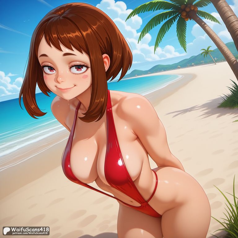1girls, ai generated, arms behind back, artist name, ass, bangs, bare shoulders, beach, blue sky, blush, blush stickers, boku no hero academia, breasts, brown eyes, brown hair, brown-haired female, cleavage, closed mouth, cloud, collarbone, day, female, high resolution, highres, large breasts, leaning forward, looking at viewer, medium breasts, my hero academia, navel, ocean, ochako uraraka, one-piece swimsuit, outdoors, palm tree, patreon username, red one-piece swimsuit, sand, shiny, shiny skin, short hair, sidelocks, sky, sling bikini, slingshot swimsuit, smile, solo, stable diffusion, swimsuit, tree, uraraka ochako, waifuscans418, watermark
