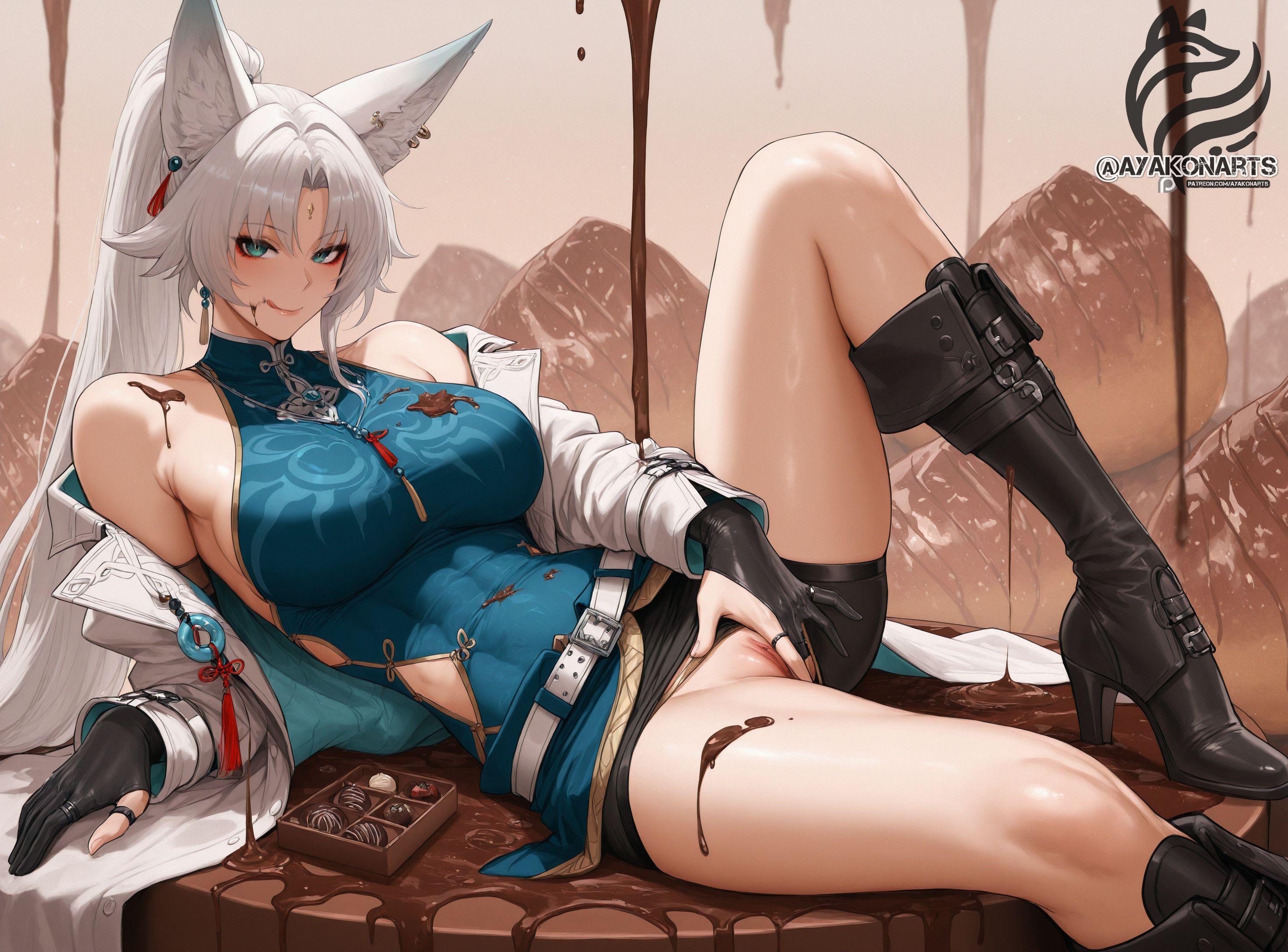 ai assisted, ai generated, ayakonarts, chocolate, feixiao (honkai: star rail), female, fox ears, fox girl, foxian, honkai: star rail, licking lips, looking at viewer, masturbation, solo, white hair