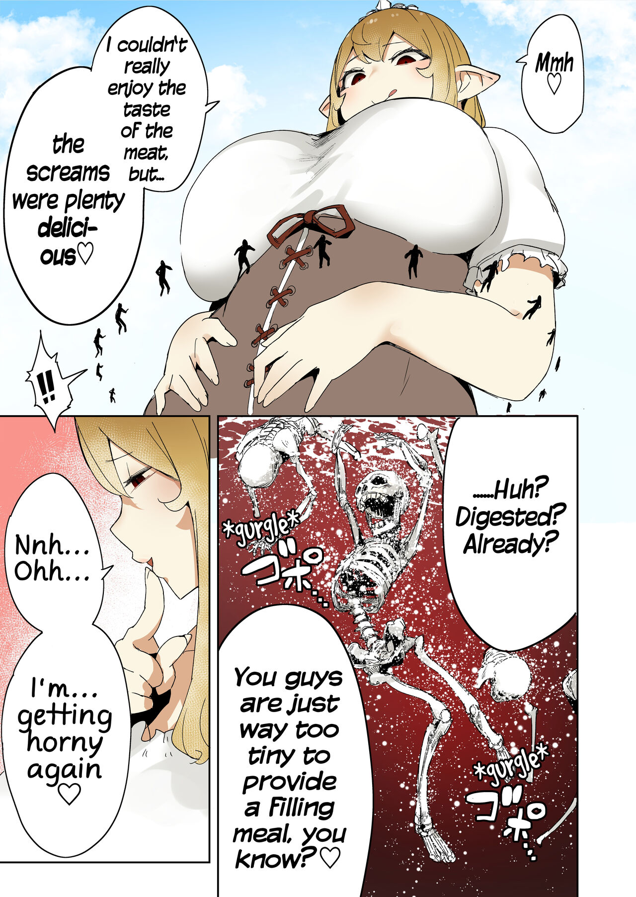 big boobs, big breasts, blonde hair, bones, bones in stomach, breasts, corset, death, digestion, digestion noises, elf, elf female, elf girl, elf pred, fatal vore, female, female pred, frilled sleeves, giant female, giantess, giantess vore, hands on belly, huge breasts, huge tits, human prey, licking lips, multiple prey, pointy ears, rapid digestion, short sleeves, skeleton, smile, stomach, stomach acid, tagme, uru (uru0000), vore, white shirt