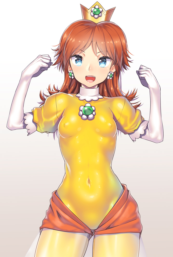 1girls, bodysuit, breasts, curvy, female, female only, gradient background, grey background, hourglass figure, looking at viewer, mario (series), nagase haruhito, nintendo, nipple bulge, princess daisy, simple background, skin tight, small breasts, solo, standing, tight clothing