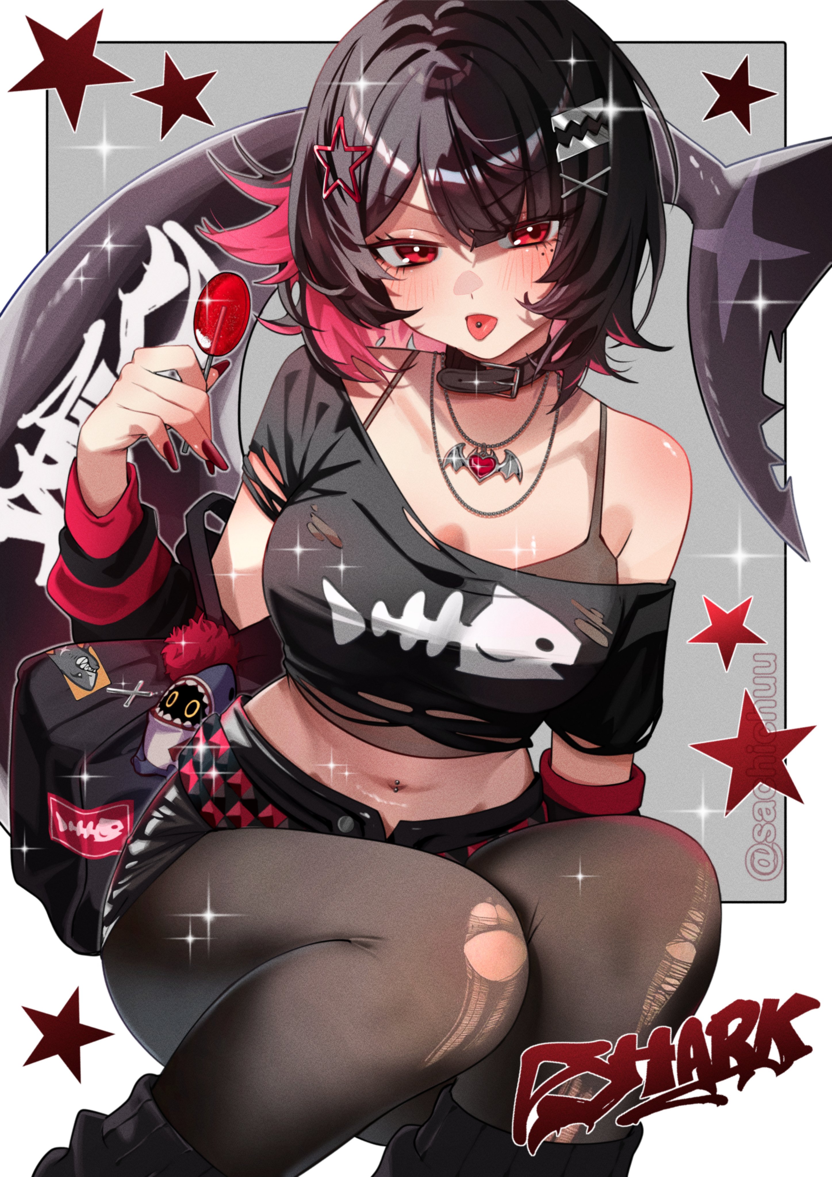 1girls, belt around neck, blush, clothes, ellen joe, female, lollipop, multicolored hair, navel piercing, neck belt, neck collar, necklace, pink hair, red eyes, sachichuu, shark girl, shark tail, sitting, solo, tagme, tongue piercing, torn clothing, torn pantyhose, tounge out, zenless zone zero