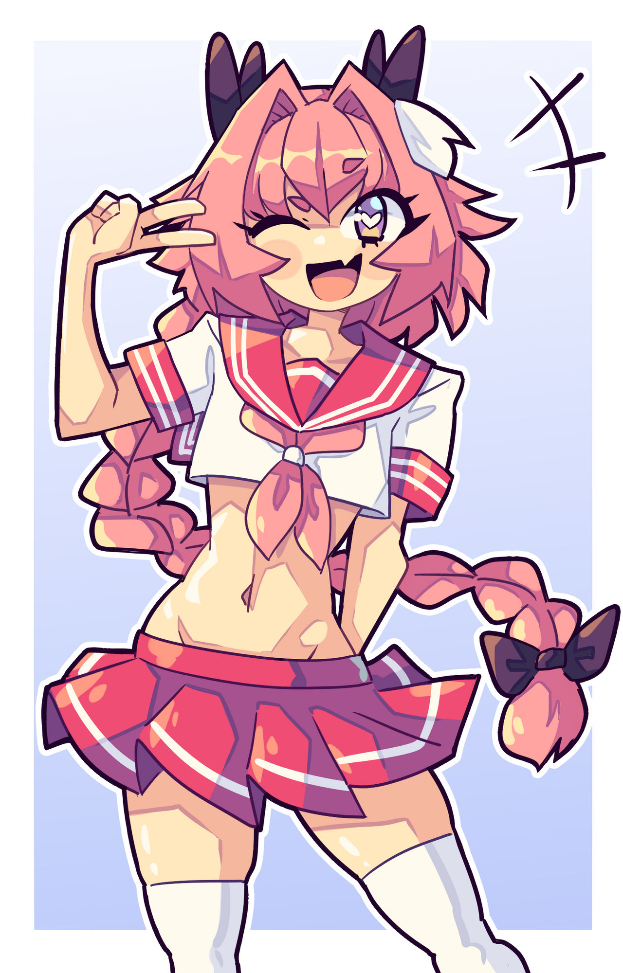 1boy, 1femboy, astolfo (fate), astolfo (fate/apocrypha), astolfo (saber) (fate), astolfo (sailor paladin) (fate), beautiful, belly, belly button, boy, cute, cute expression, cute eyes, cute fang, cute male, daigada, fate (series), fate/apocrypha, fate/grand order, femboy, heart, heart eyes, heart symbol, heart-shaped pupils, j5daigada, legs, light-skinned male, male, male only, open mouth, pink eyes, pink hair, skirt, skirt lift, smile, smiling, socks, solo, tongue, white socks