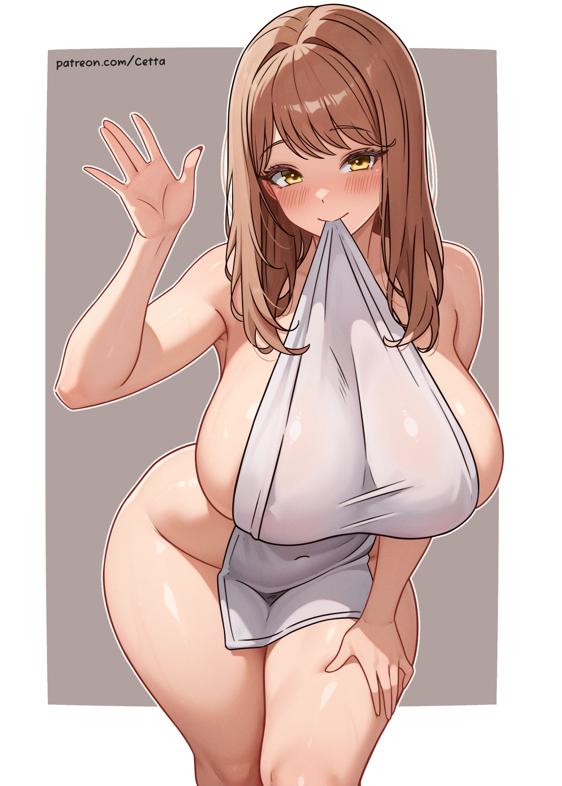 1girls, alternate version available, big breasts, bigger female, blush, breasts, brown eyes, brown hair, cetta (cettadvd), emma (nikke), female, female only, functionally nude, functionally nude female, goddess of victory: nikke, hair, hand on thigh, hips, huge breasts, long hair, mature, solo, solo female, thighs, towel, towel only, wide hips