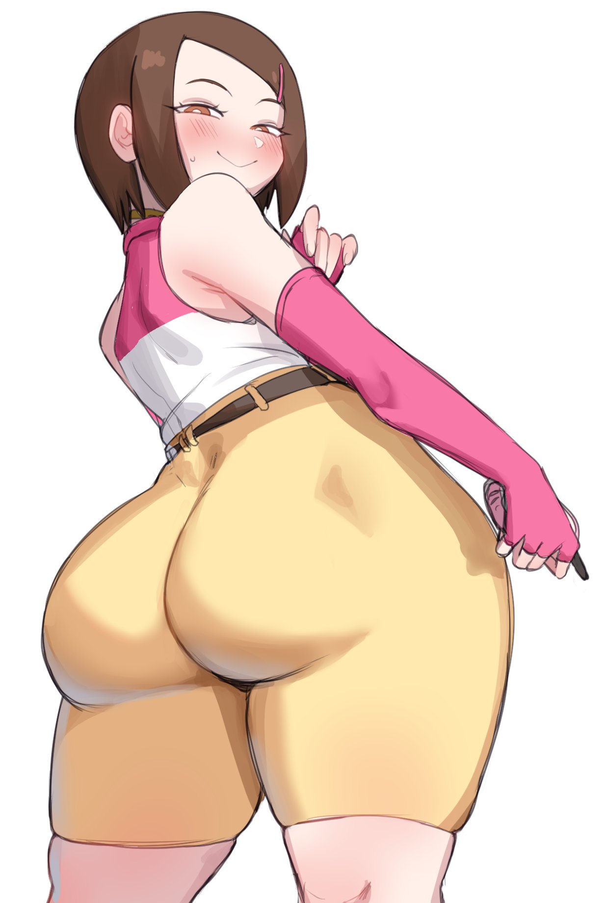 1girls, 2d, ass, ass focus, blush, brown eyes, brown hair, bubble butt, digimon, digimon adventure 02, female, female only, hairclip, hi res, hikari yagami, lightsource, looking at viewer, looking back, looking back at viewer, narrowed eyes, rear view, smile, smiling at viewer, smug, solo, thick ass, thick thighs, white background