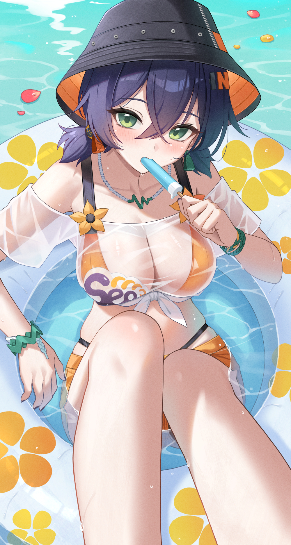 1girls, bare shoulders, belle (summer skies) (zenless zone zero), belle (zenless zone zero), bikini, bikini top under shirt, bikini under clothes, bikini under shorts, black hat, blue hair, breasts, bucket hat, commentary request, crop top, female, female only, floral print, food, food in mouth, green eyes, hair between eyes, hair ornament, hat, highres, holding, holding food, holding popsicle, keikei (kitty colors), large breasts, legs, letter hair ornament, looking at viewer, low twintails, medium breasts, off shoulder, off-shoulder shirt, official alternate costume, official alternate hairstyle, on innertube, orange bikini, orange shorts, popsicle, popsicle in mouth, see-through cleavage, see-through clothes, see-through shirt, shirt, short hair, short twintails, shorts, skindentation, solo, swimsuit, tied shirt, twintails, water, wet, wet clothes, wet shirt, zenless zone zero
