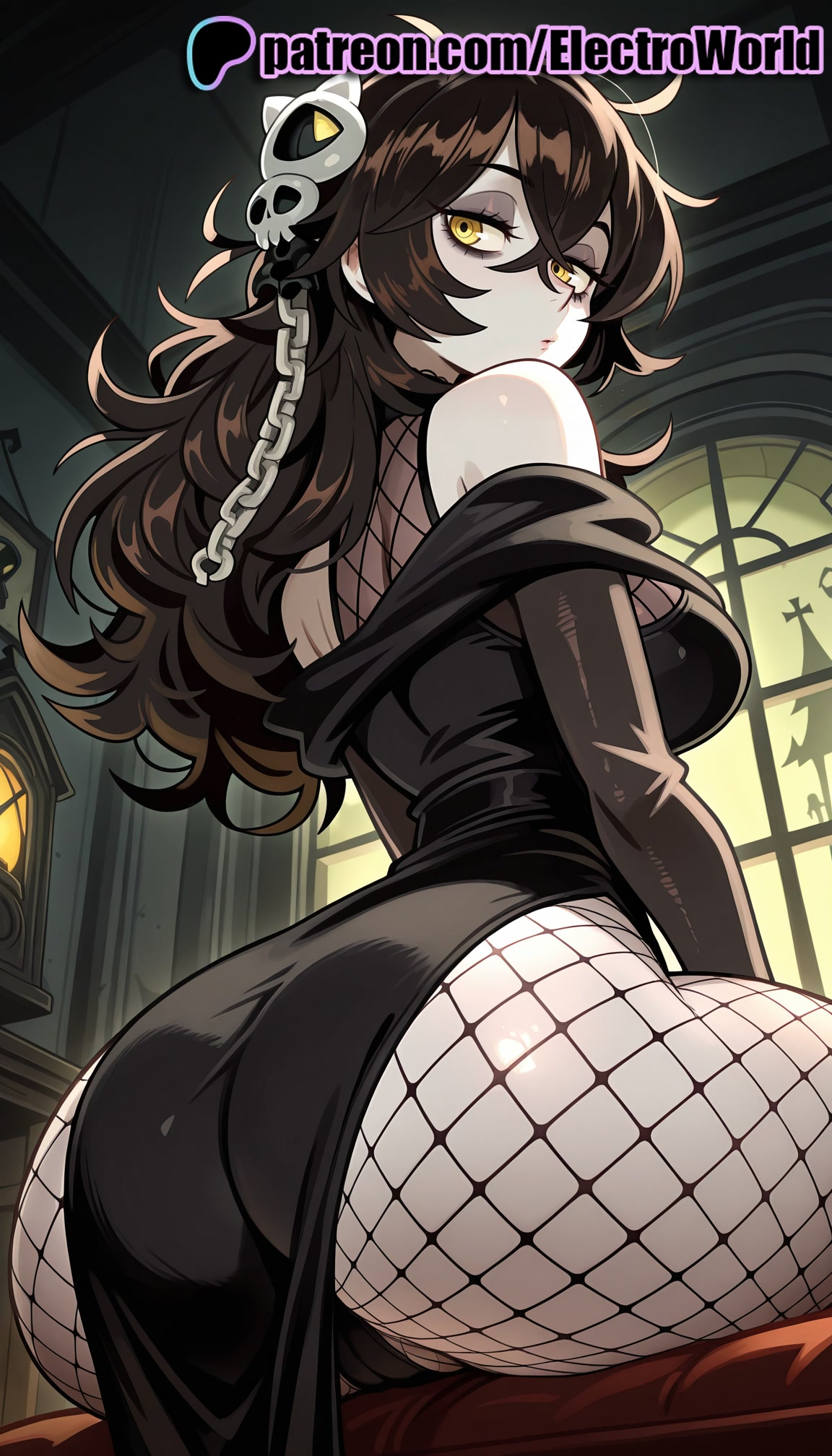 1girls, 2025, ai generated, artist name, ass, cage, chain-link fence, electroworld, female, fence, fishnet bodysuit, fishnet legwear, fishnets, ghost girl, hi res, high quality, high resolution, highres, long hair, pantyhose, solo, stable diffusion, watermark, yellow eyes