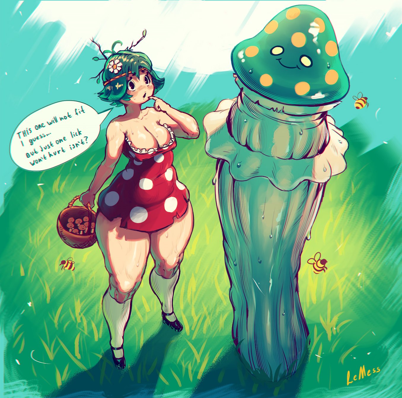 1girls, 2d, 2d (artwork), 2d artwork, artist name, artist signature, bee, bees, big hips, big thighs, black eyes, blush, blushing female, breasts, clothed, clothed female, clothes, clothing, dialog, dialogue, digital art, digital drawing (artwork), digital media, digital media (artwork), dres, eyebrows, eyelashes, eyes, female, female focus, female only, flower, flower in hair, grass, grass field, green hair, hair ornament, hips, horny, horny female, huge hips, huge thighs, inanimate object, knee socks, kneehighs, kneesocks, leaf, lemarreart, lucika (lemarreart), medium breasts, medium tits, mushroom, oc, original character, outside, pac-man eyes, pale skin, pale-skinned female, plant, polka dot, shoes, socks, socks and shoes, solo, solo female, solo focus, sunlight, sweat, sweatdrop, sweaty body, sweaty legs, sweaty thighs, tagme, text, thick hips, thick thighs, thighs, tree branch, white socks, wide hips, wide thighs