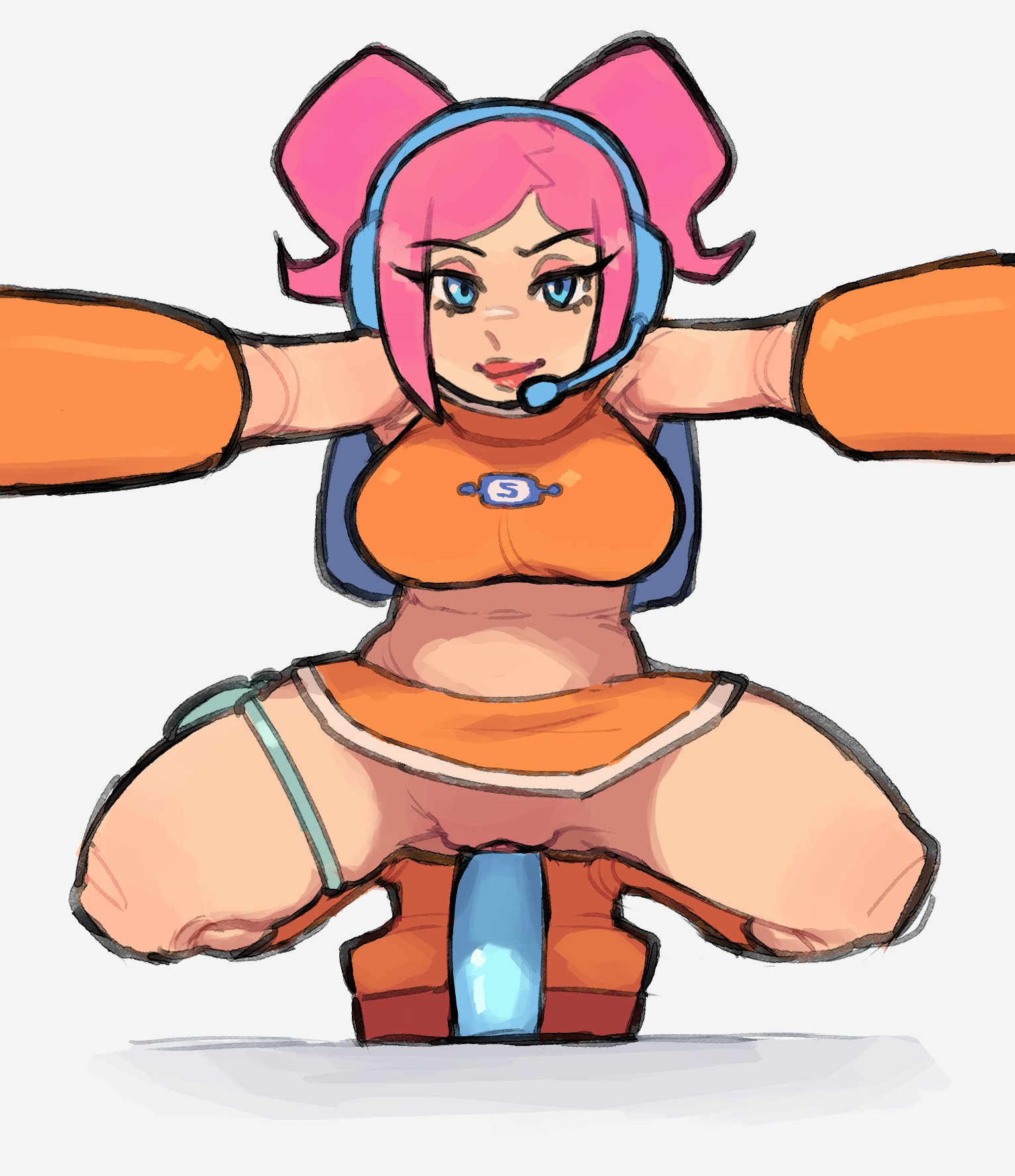 1girls, backpack, bag, bare shoulders, blue eyes, boots, breasts, closed mouth, clothed masturbation, clothing, crop top, dildo, dildo riding, elbow gloves, eyeshadow, female, female masturbation, gloves, half-closed eyes, headphones, headset, huge dildo, incoming hug, knee boots, large breasts, large insertion, lips, lipstick, looking at viewer, makeup, masturbation, midriff, miniskirt, navel, no panties, object insertion, orange footwear, orange gloves, orange shirt, orange skirt, outstretched arms, pink eyeshadow, pink hair, pink lips, platform boots, platform footwear, pussy, reaching, reaching towards viewer, red lips, ruka481, sex toy, shirt, short hair, short twintails, sidelocks, skirt, sleeveless, sleeveless shirt, smile, solo, space channel 5, spread legs, squatting, thigh strap, thighs, tiptoes, twintails, ulala, vaginal object insertion, vaginal penetration