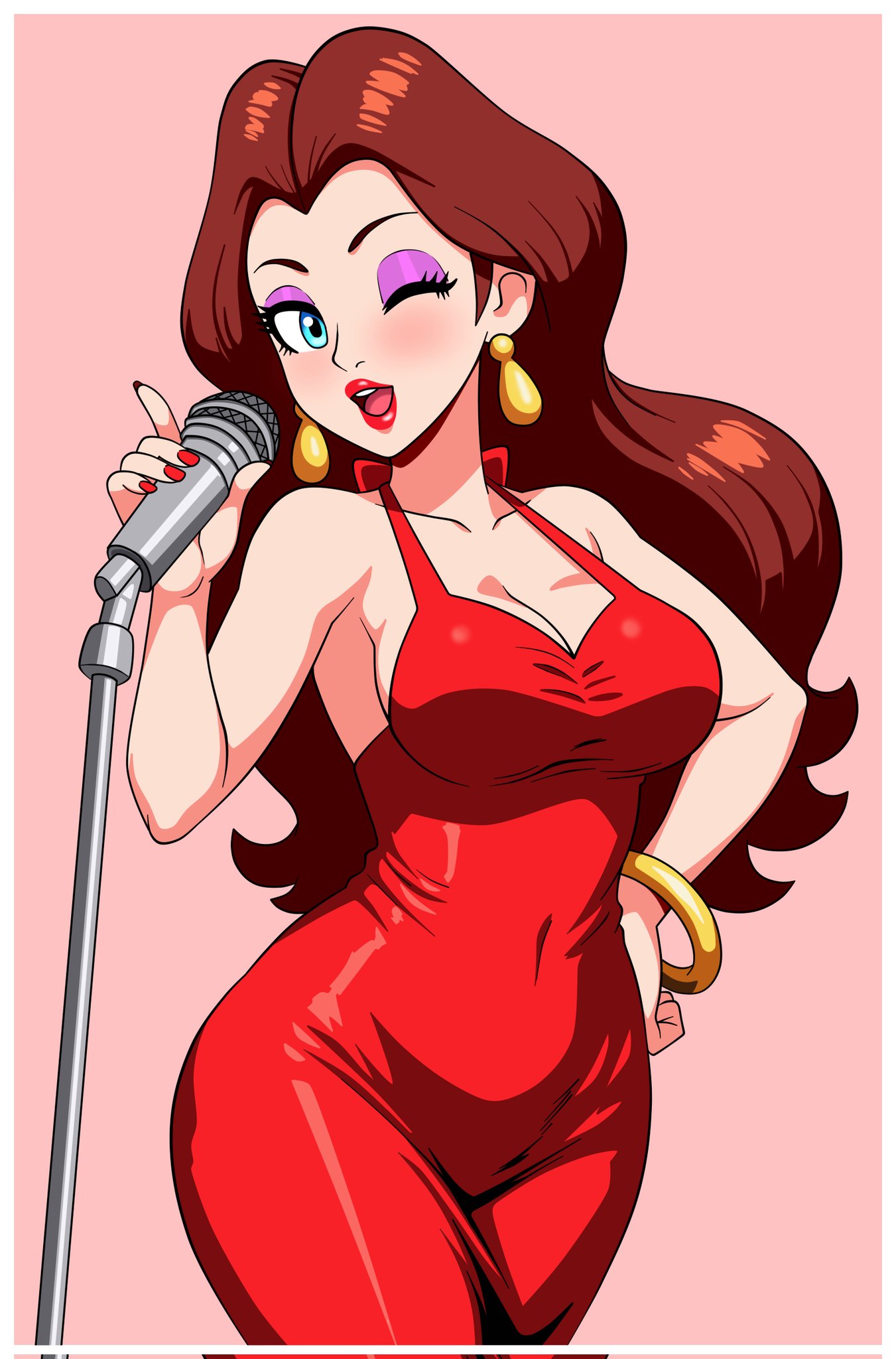 adult, big breasts, blue eyes, boobs, breasts, brown hair, busty, cleavage, curvy, dress, female, lipstick, makeup, mario (series), mature, mature female, nintendo, pale skin, pauline, pauline (mario), red dress, sexy, singing, smile, widow’s peak, wink, woomy1010