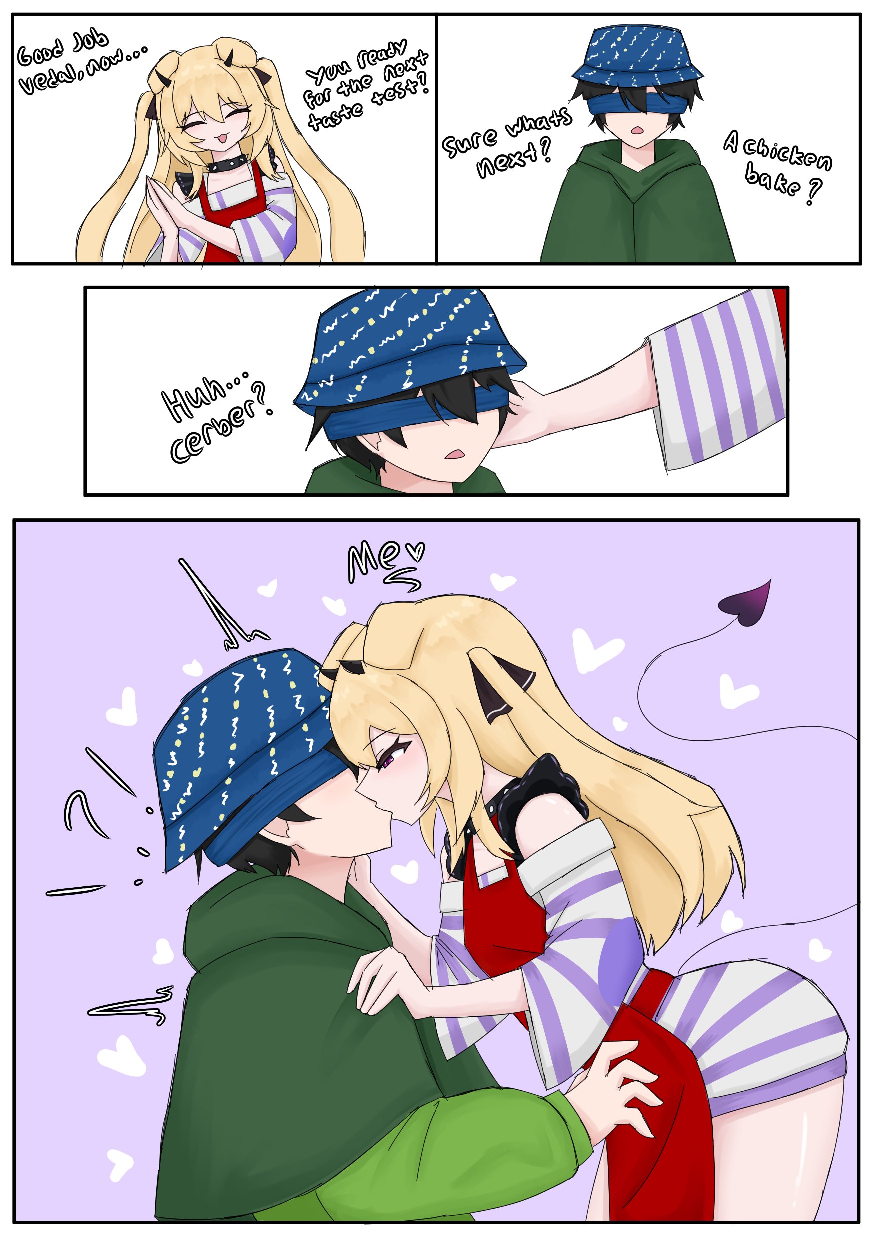 apron, blindfold, blindfolded, blonde hair, cerbervt, clothed, dog ears, dog girl, female, green clothing, horns, indie virtual youtuber, kissing, purple eyes, sfw, shipping, succubus tail, surprised, szpecter, vedal987, virtual youtuber