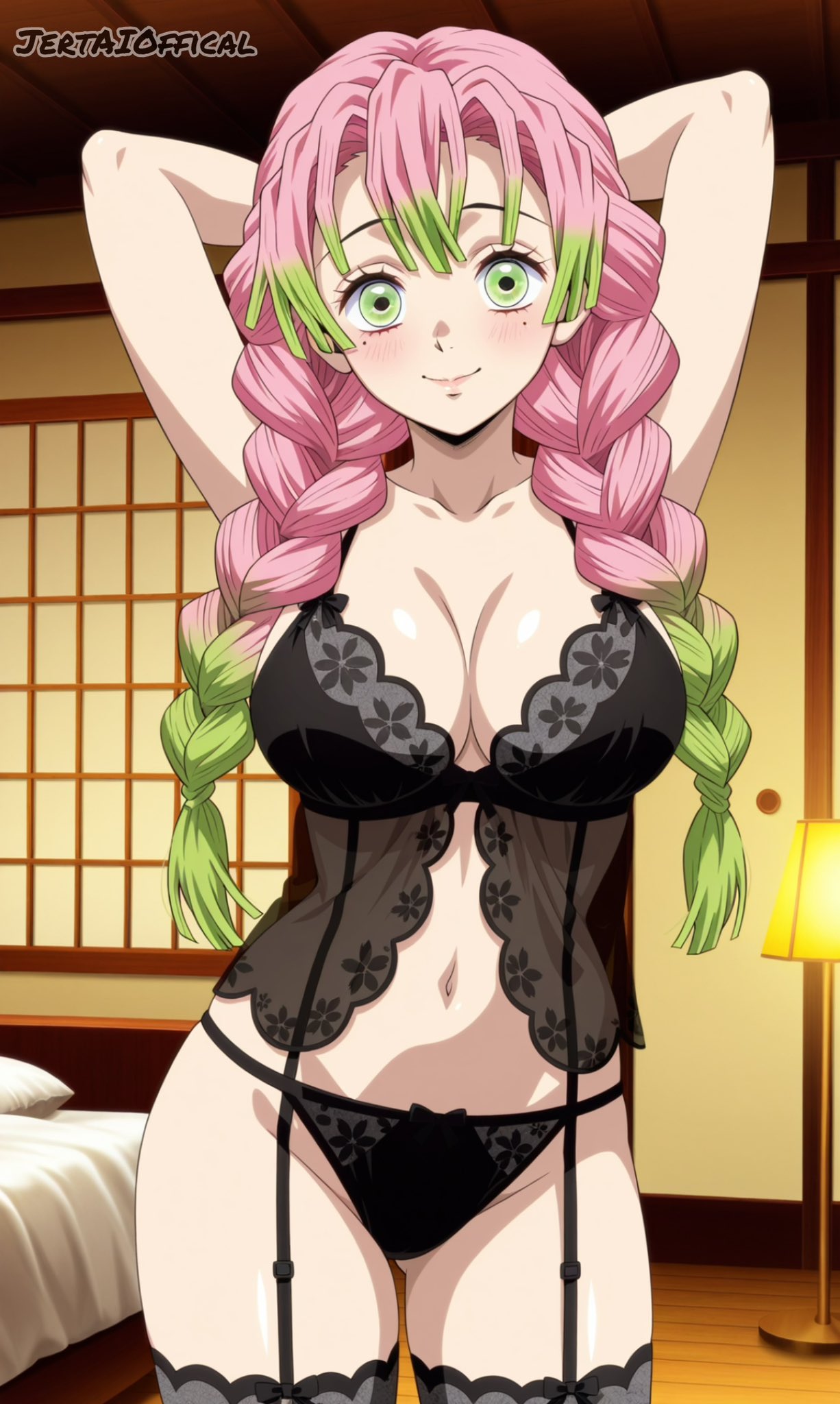 ai generated, black panties, breasts, demon slayer, female, female only, garter belt, garter strap, kanroji mitsuri, kimetsu no yaiba, large breasts, lingerie, mitsuri kanroji, smiling at viewer, thighhighs