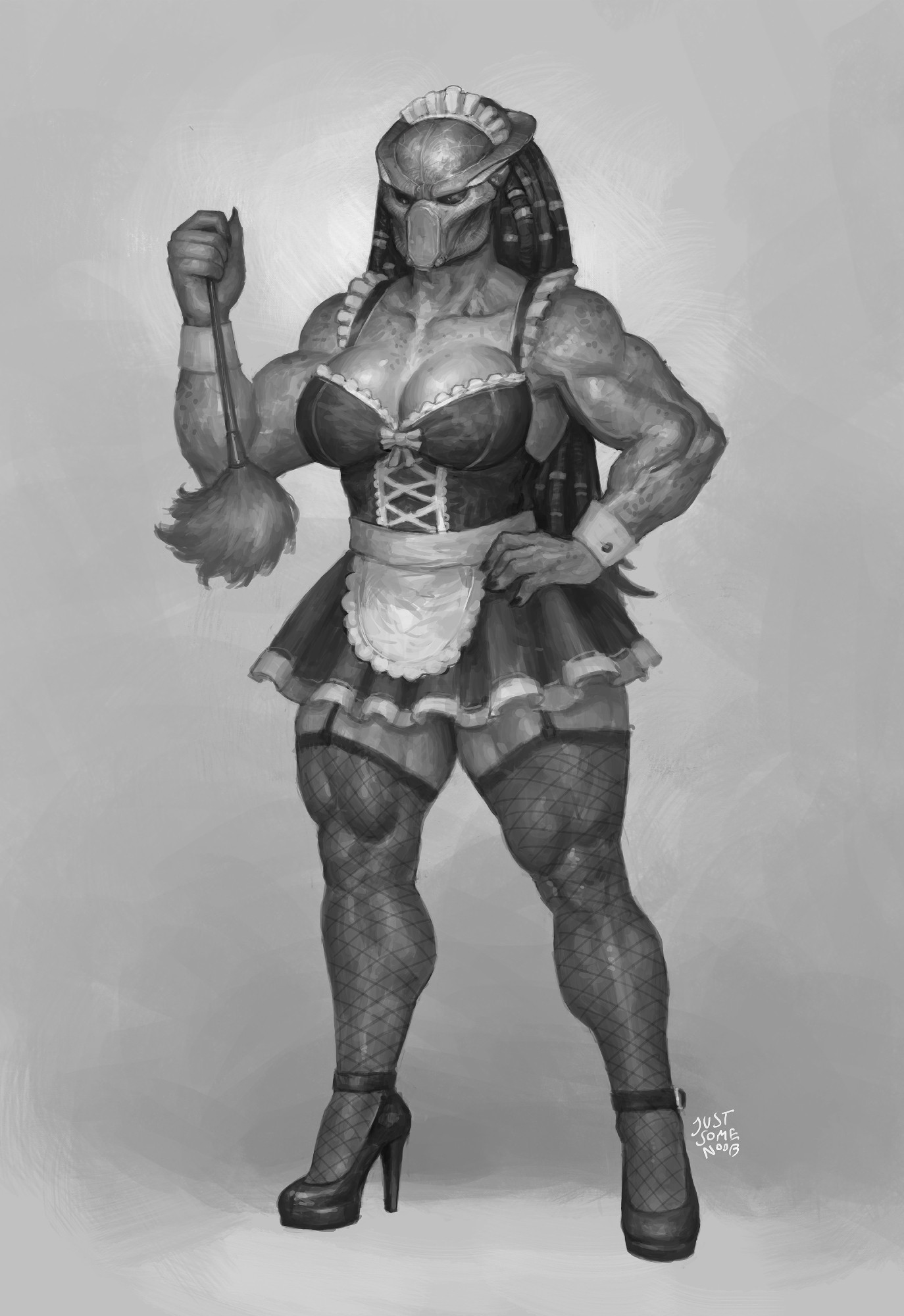 alien, alien girl, alien humanoid, artistic, artistic nude, biceps, clavicle, digital drawing (artwork), digital painting (artwork), female, female focus, female only, female yautja, fishnet, fishnet legwear, fishnet stockings, fishnets, grayscale, greyscale, justsomenoob, maid, maid headdress, maid outfit, maid uniform, monochrome, muscular, muscular female, no visible genitalia, nonsexual, pinup, predator (franchise), solo, solo female, solo focus, tasteful, toned, toned body, toned female, yautja
