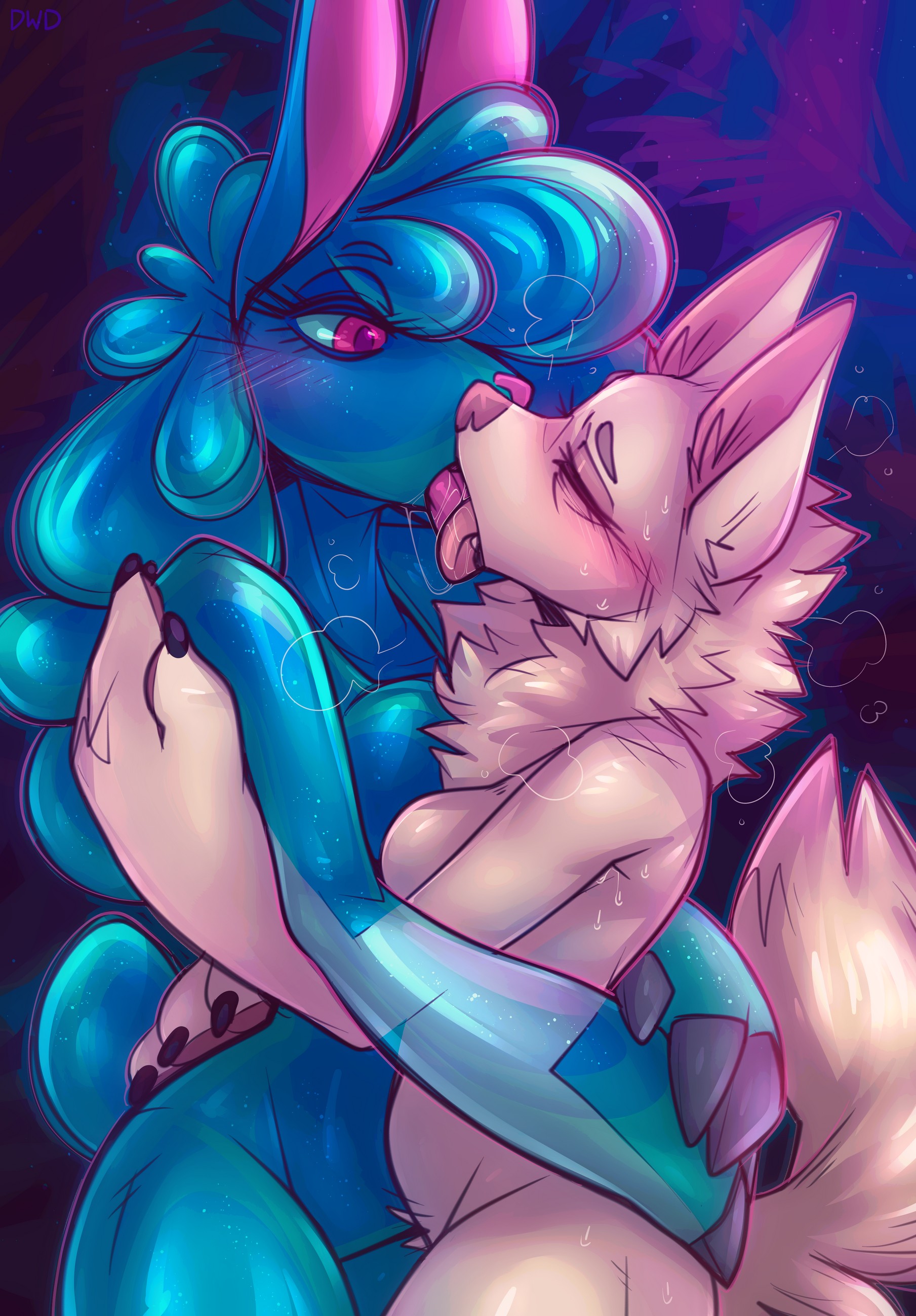 2023, 2d (artwork), 2girls, blue body, blush, breasts, curvy figure, dimwitdog, duo, eyelashes, female, female only, french kiss, fur, furry, hair, hana (dimwitdog), high resolution, hourglass figure, kissing, lesbian kiss, licking tongue, lulu (dimwitdog), nudity, pupils, size difference, small waist, tongue, tongue out, translucent, translucent body, yuri