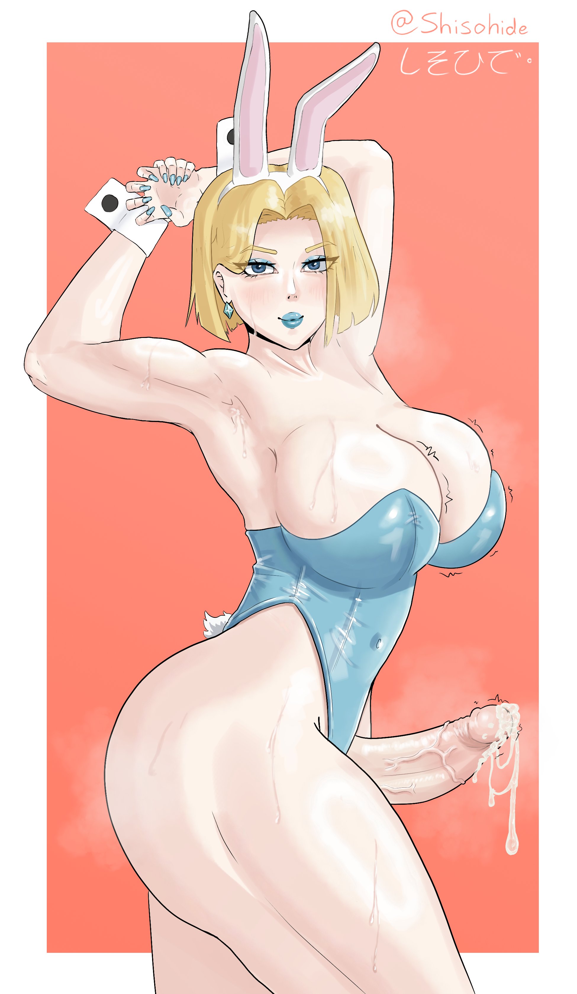 1futa, 2025, big breasts, blonde hair, blue eyes, blue lipstick, blue nail polish, bunny ears, bunnysuit, cuffs (clothing), cum, cum leaking, earrings, emma frost, emma frost (marvel rivals), erect penis, futa only, futanari, hands behind head, light blush, looking at viewer, marvel, marvel comics, marvel rivals, penis, shisohide, smiling, smiling at viewer, solo, thick ass, thick thighs, very high resolution, wrist cuffs, x-men