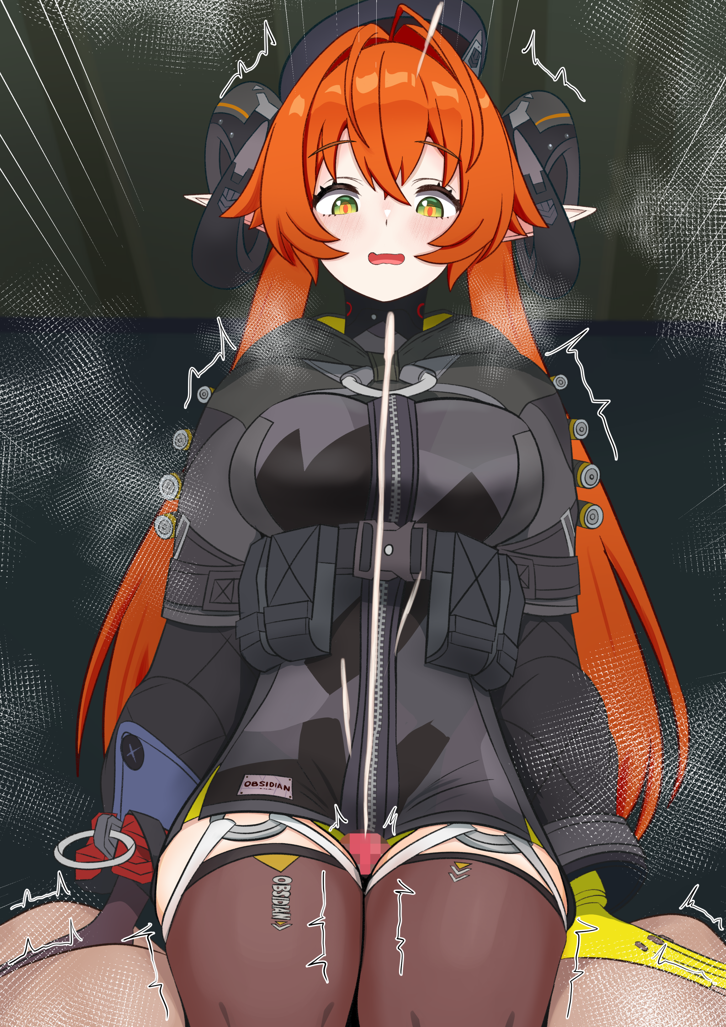 1boy, absurdres, black hat, black shrug, blush, breasts, cum, ejaculation, female, gloves, goat horns, green eyes, hat, highres, horns, large breasts, long hair, looking at viewer, male, ng1sh8, open mouth, orange hair, orphie magnusson, penis, shrug (clothing), thigh sex, thighhighs, twintails, yellow gloves, zenless zone zero