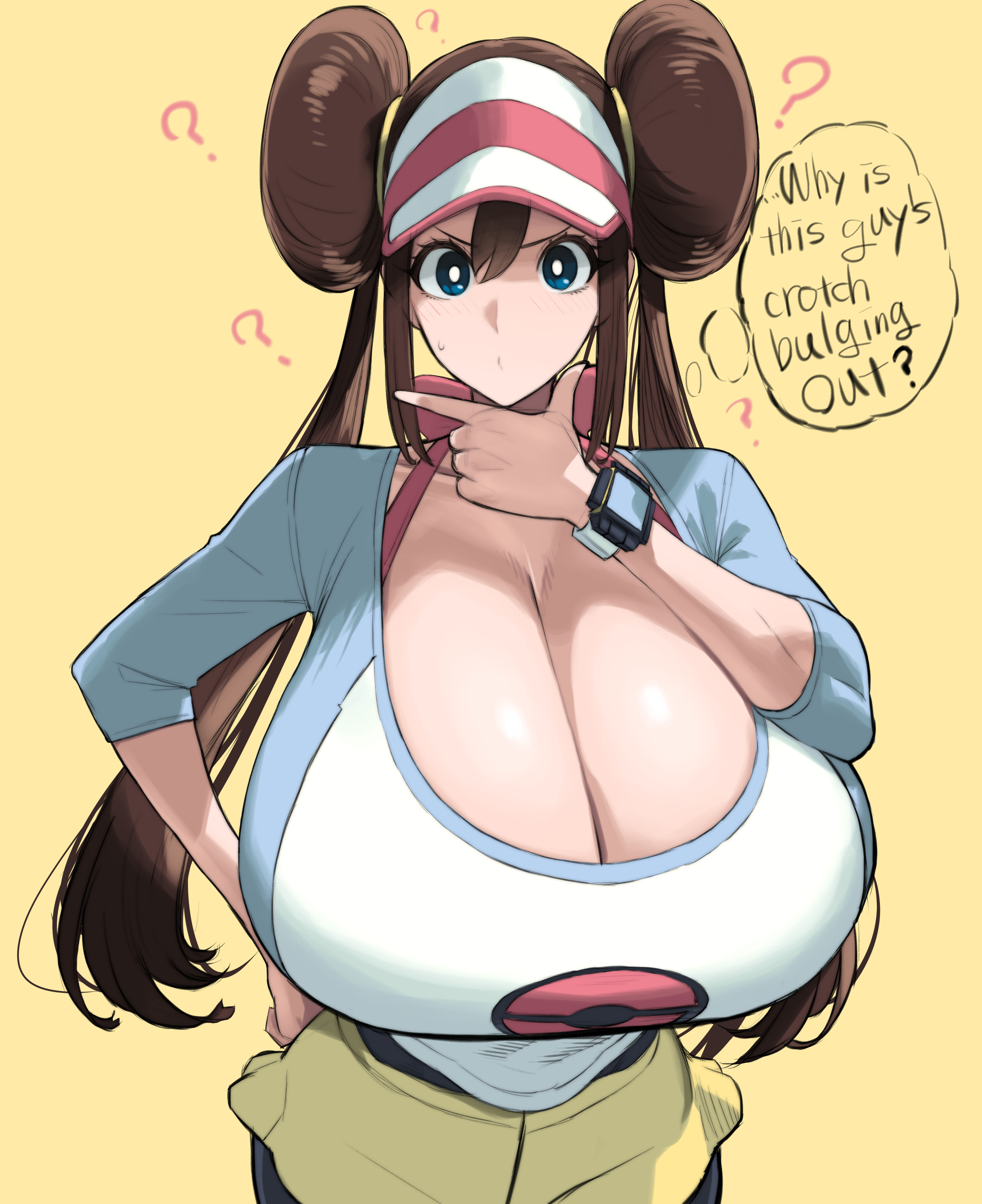 ?, 1girls, cleavage, gigantic breasts, huge breasts, looking at viewer, massive breasts, meme, oblivious, pokemon, pokemon bw2, pokemon masters, rosa (pokemon), rosa thinking pose (meme), solo, solo female, top heavy, wolffeld price