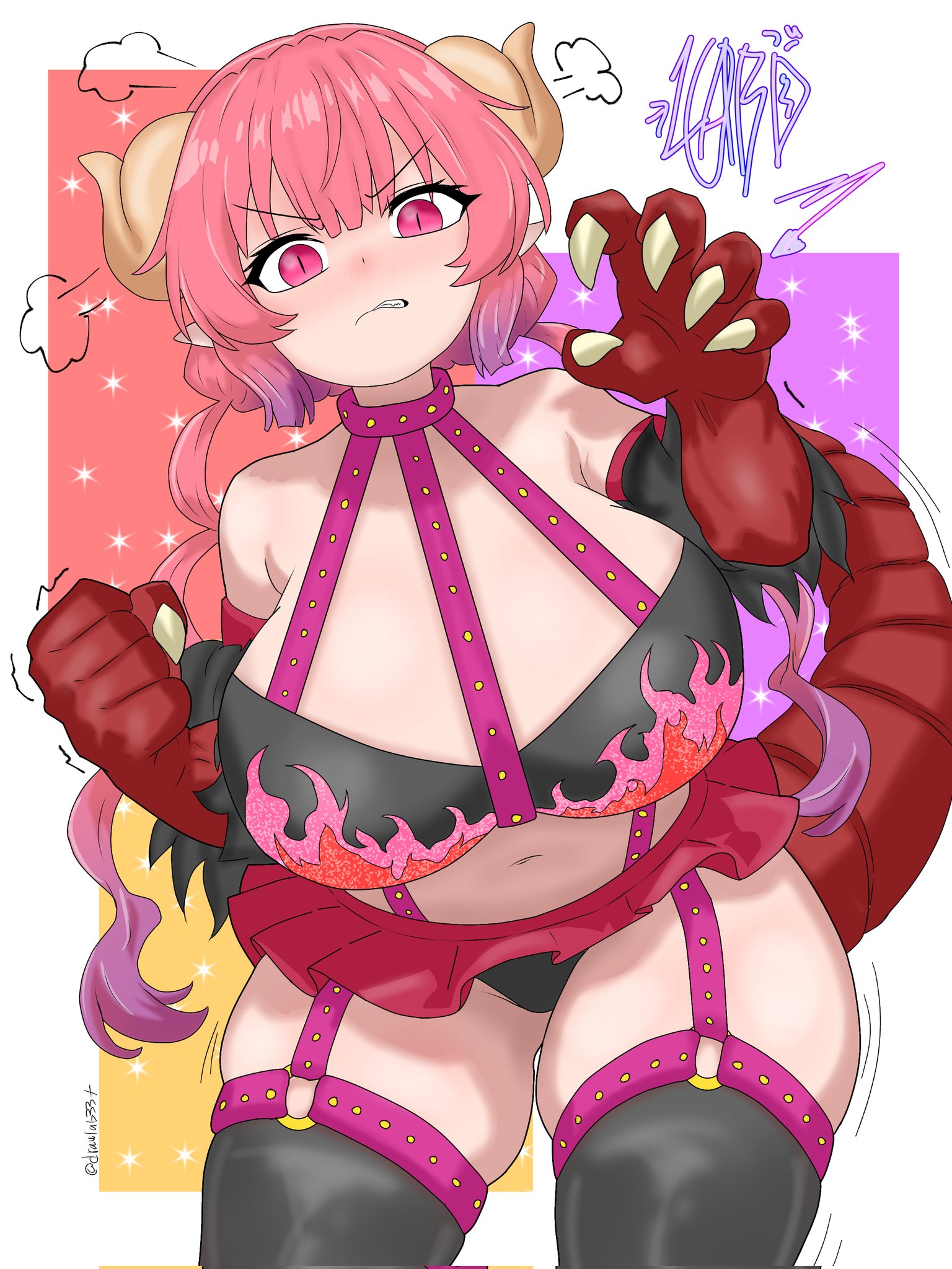1girls, 2020s, 2026, 2d, 2d (artwork), 2d artwork, 5 fingers, angry, angry dragon, angry expression, angry face, angry female, artist logo, artist name, artist signature, belly, belly button, big boobs, big breasts, big thighs, big tits, big titties, boobs, breasts, clawed fingers, claws, clothed, clothed female, clothes, collar, collared dress, curved horn, curved horns, curvy, curvy body, curvy female, curvy figure, curvy thighs, digital drawing (artwork), digital media, digital media (artwork), dragon, dragon girl, dragon horns, dragon humanoid, dragon tail, dragoness, drawlab33t, ears, eyebrows, eyelashes, eyes, eyes open, female, female focus, female only, fingers, frustrated, girl, half naked, half nude, half-dressed, horn, horned humanoid, horns, humanoid, ilulu, ilulu (dragon maid), ilulu (maidragon), ilulu (miss kobayashi's dragon maid), kobayashi-san chi no maidragon, legwear, light skin, light skin female, light skinned, light-skinned female, long ears, miss kobayashi's dragon maid, movement lines, multicolored background, multicolored hair, nails, navel, no dialogue, non-human, nude, nude female, panties, partially clothed, partially clothed female, partially nude, partially nude female, pink hair, pointy ears, red eyes, revealing clothes, revealing clothing, revealing outfit, sexually suggestive, sexy, sexy body, sexy clothing, sexy female, short skirt, simple background, skirt, suggestive, suggestive look, text, thick thighs, thigh highs, thighhighs, thighs, tits, two-tone hair, voluptuous, voluptuous body, voluptuous female, watermark, wide thighs, wobble, wobbling